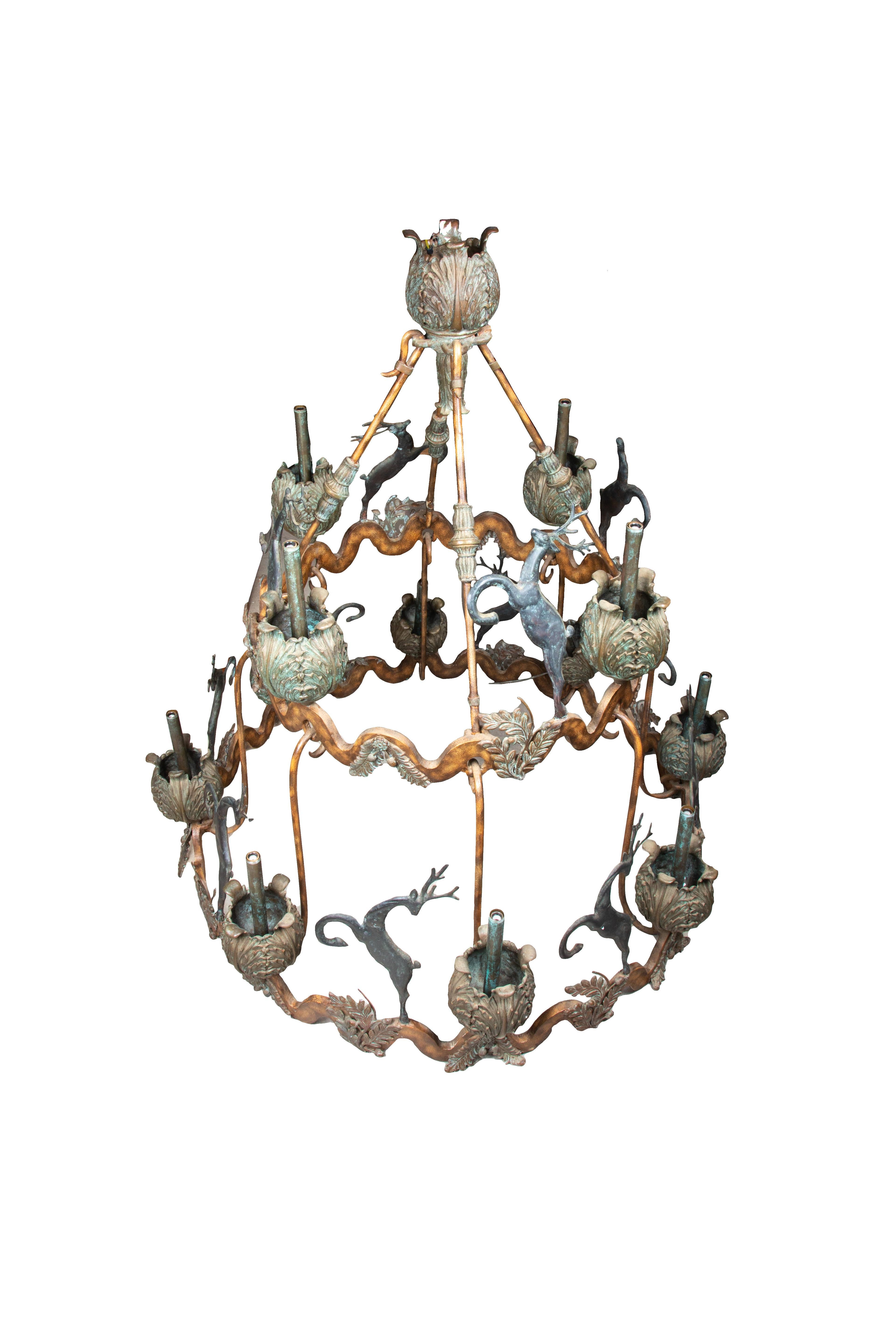 German Massive Iron and Bronze Chandelier Detailed with Leaping Stags and Fauna For Sale