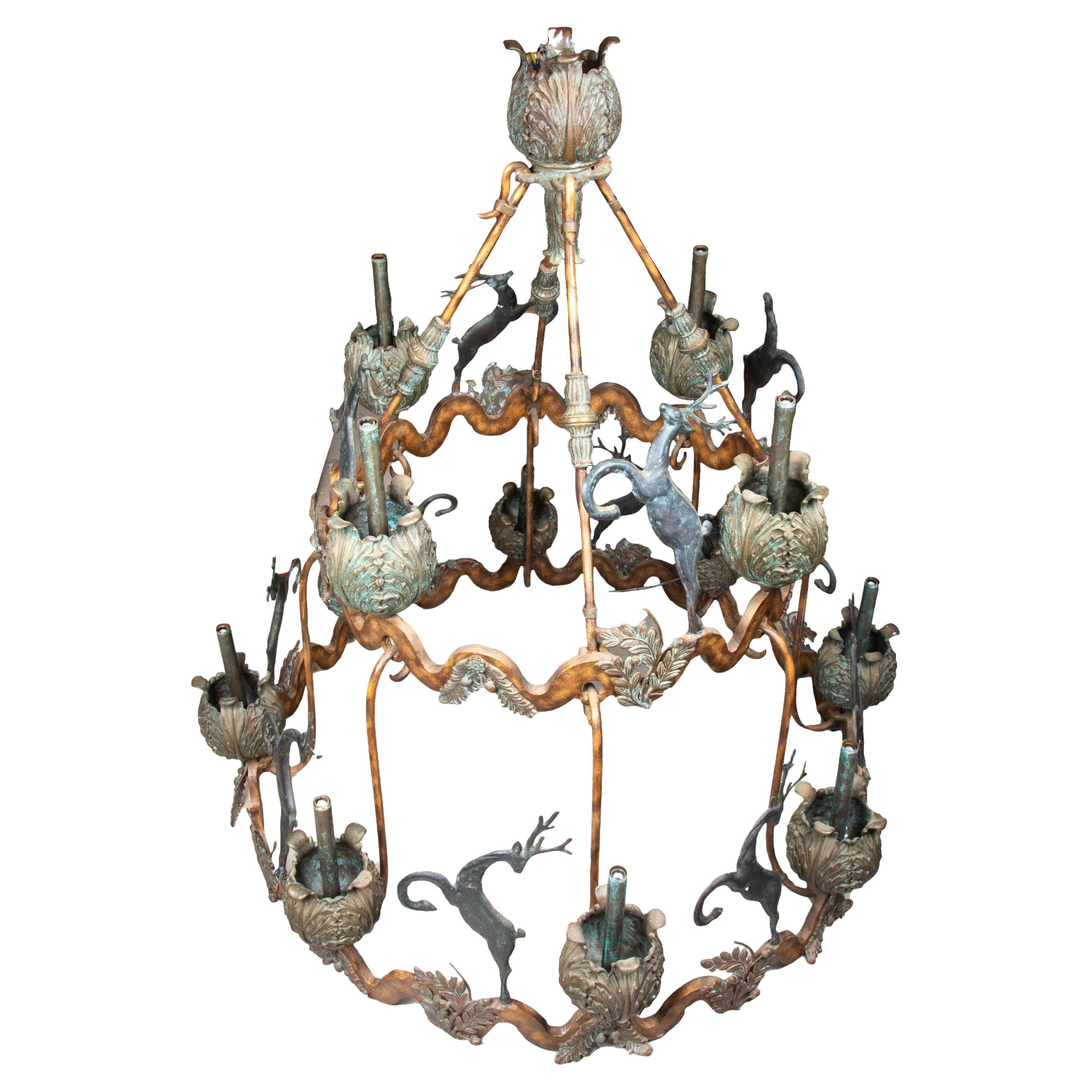 Massive Iron and Bronze Chandelier Detailed with Leaping Stags and Fauna