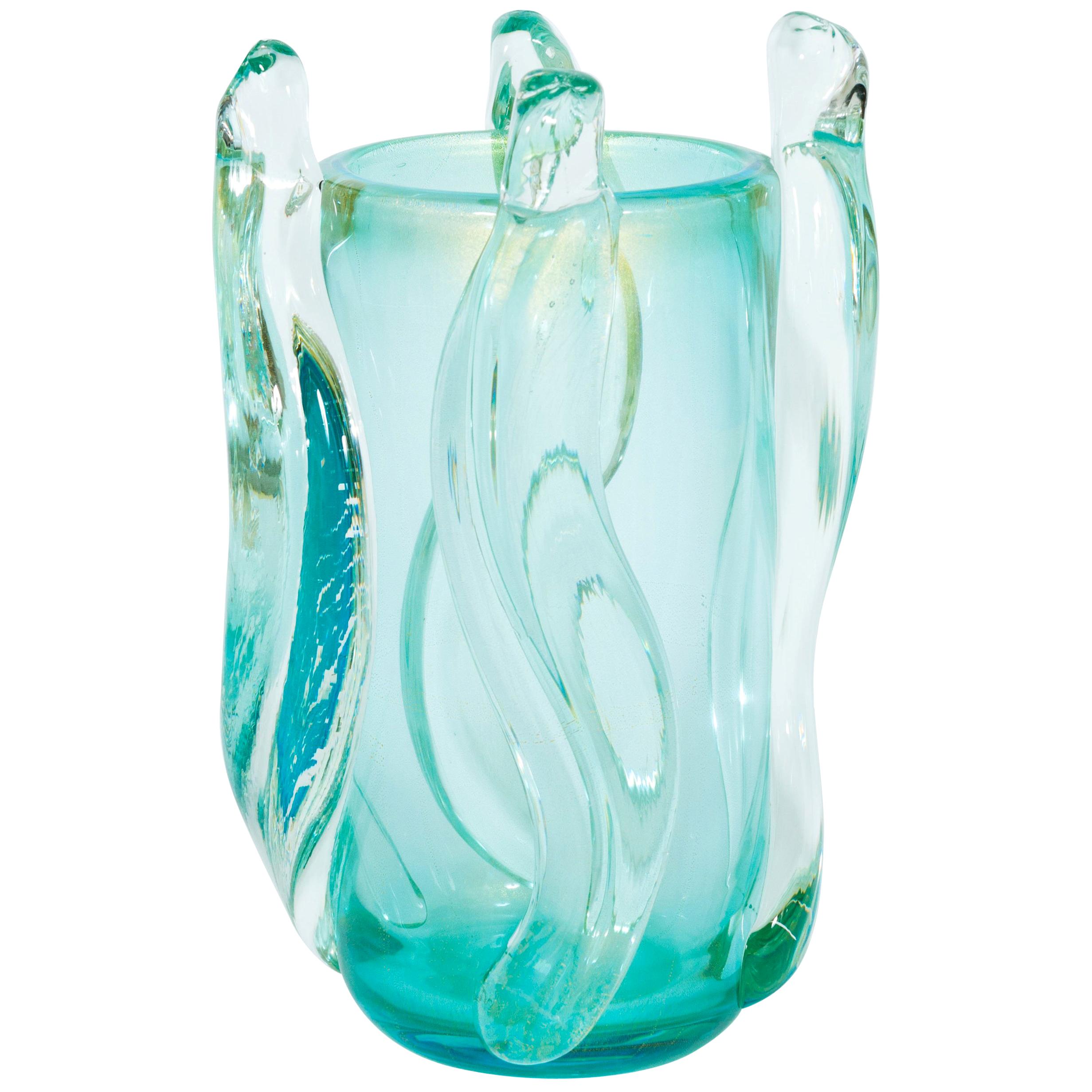 Massive Italian Curved Vase in Blown Murano Glass Ice Color, 1990s