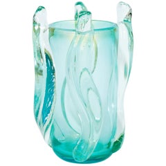 Modern Massive Curved Vase in Blown Murano Glass Ice Color, 1990s Italy 