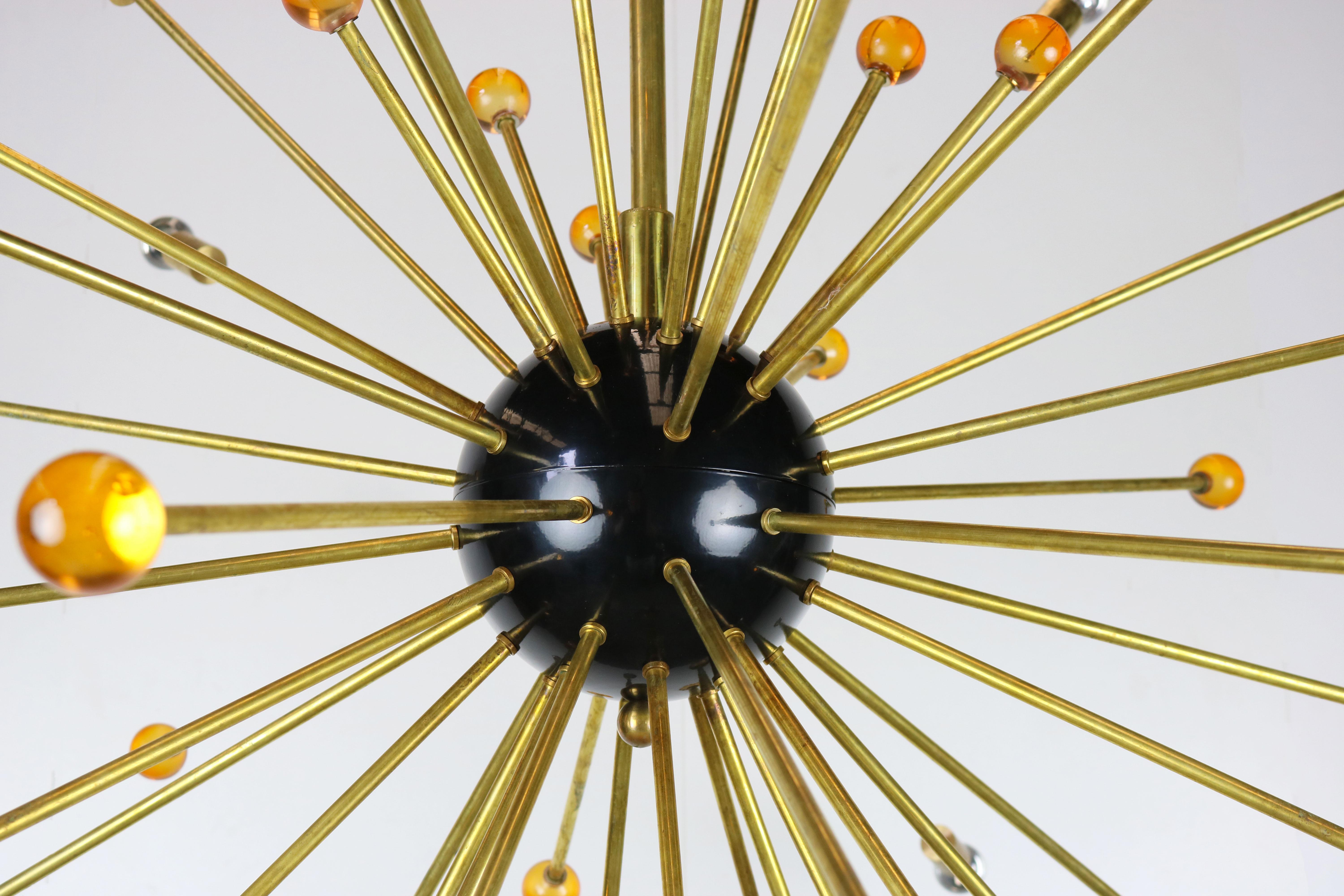 Mid-Century Modern Massive Italian Design Sputnik Stilnovo Chandelier 1950s Black Brass Orange