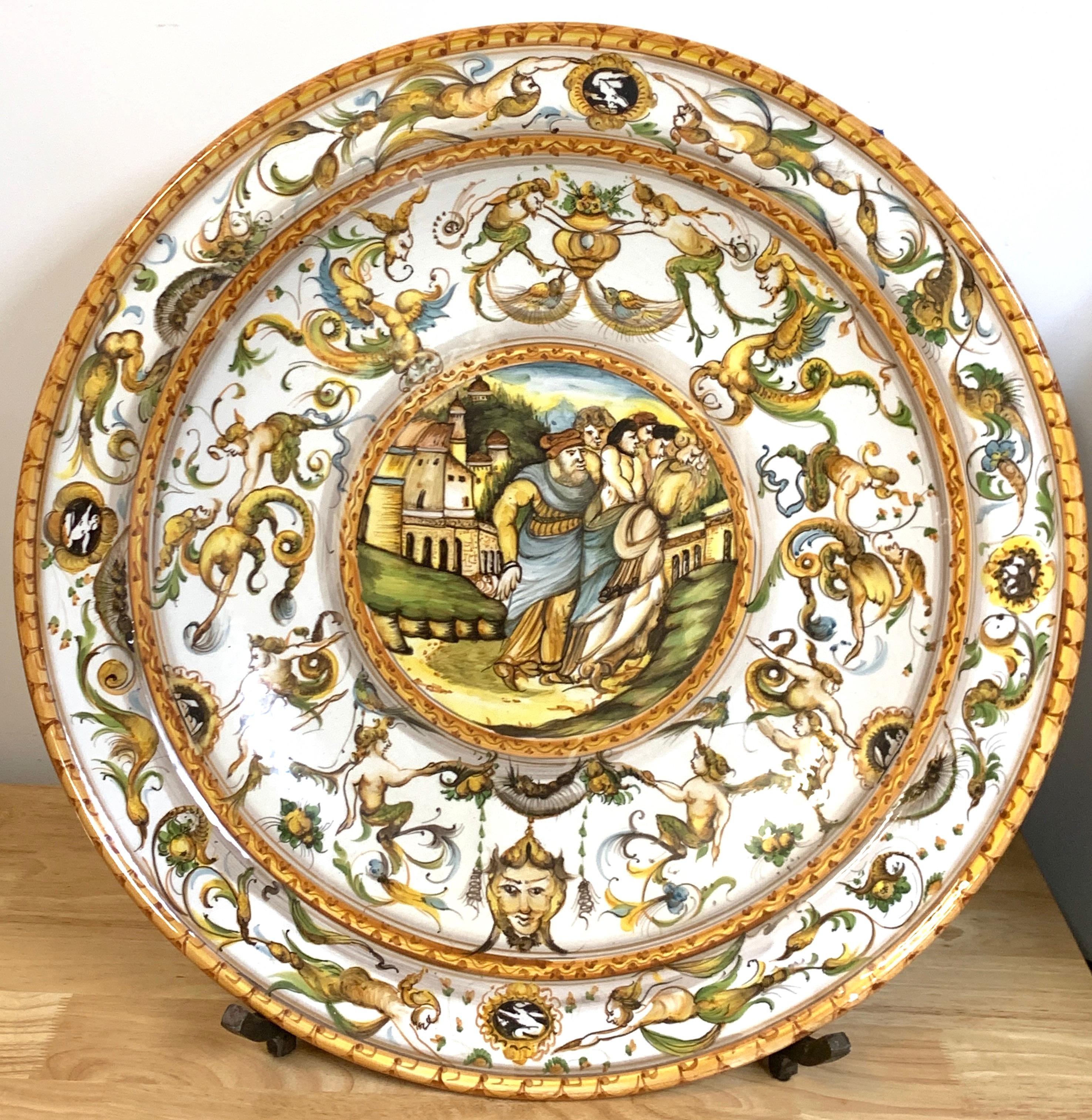 Massive Italian Majolica allegorical charger by A. Deruta
Gorgeous continuous Italian Renaissance style decoration
Ready to hang.
