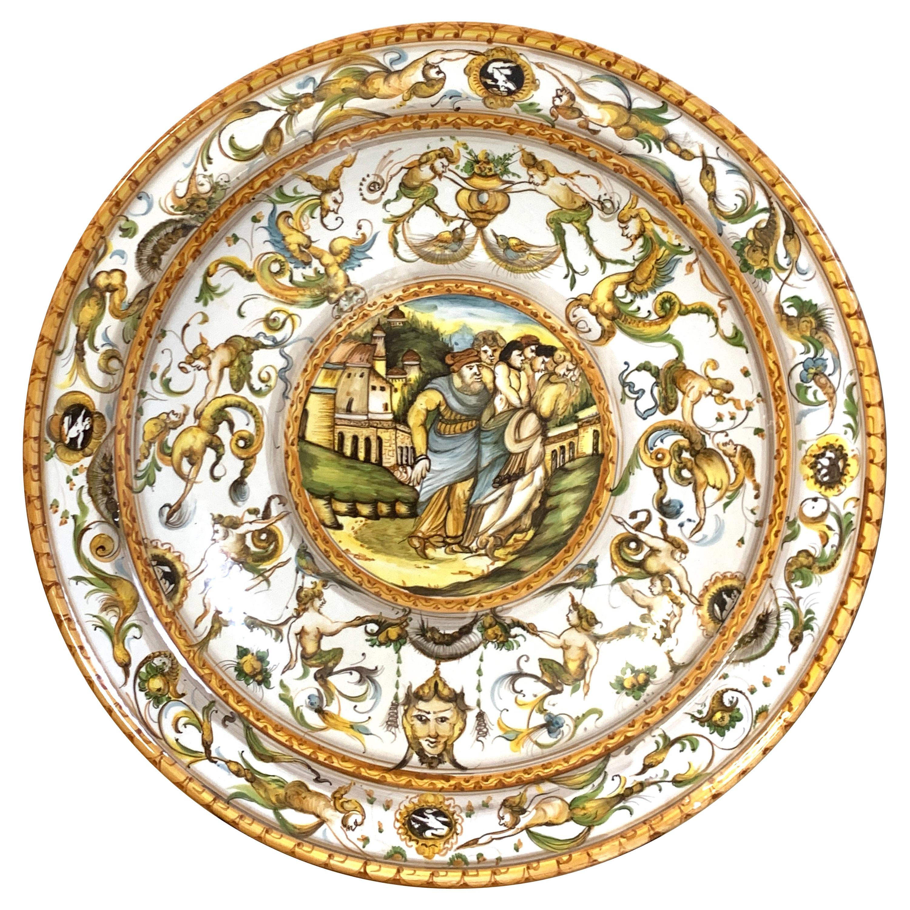Massive Italian Majolica Allegorical Charger by A. Deruta For Sale