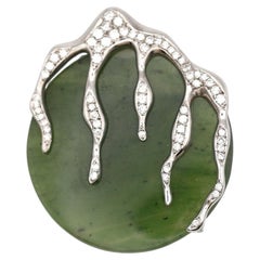 Massive Jade Diamond Brooch Pendant 14K White Gold, 1975