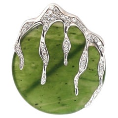 Massive Jade Diamond Brooch Pendant 14K White Gold, 1975