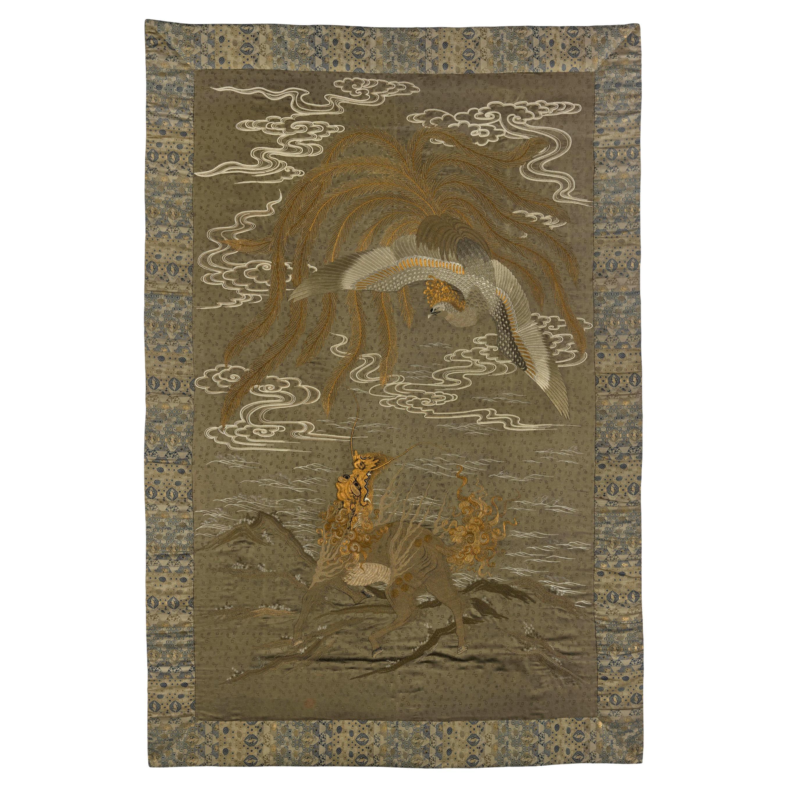 Massive Japanese Embroidery Tapestry Display Box Meiji Period For Sale