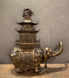 Massive Japanese Meiji Bronze Elephant and Pagoda Incense Burner