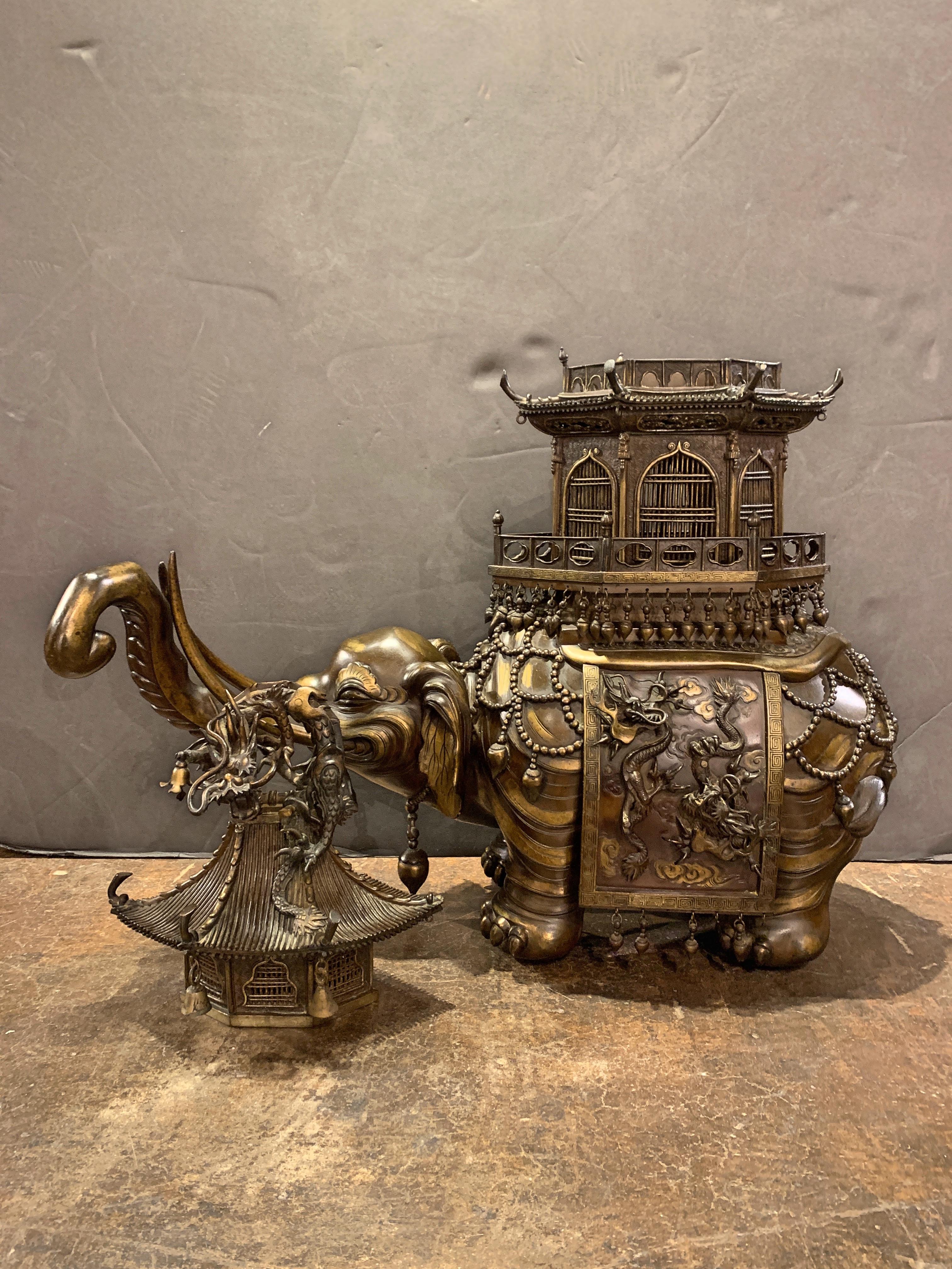 Cast Massive Japanese Meiji Bronze Elephant and Pagoda Incense Burner