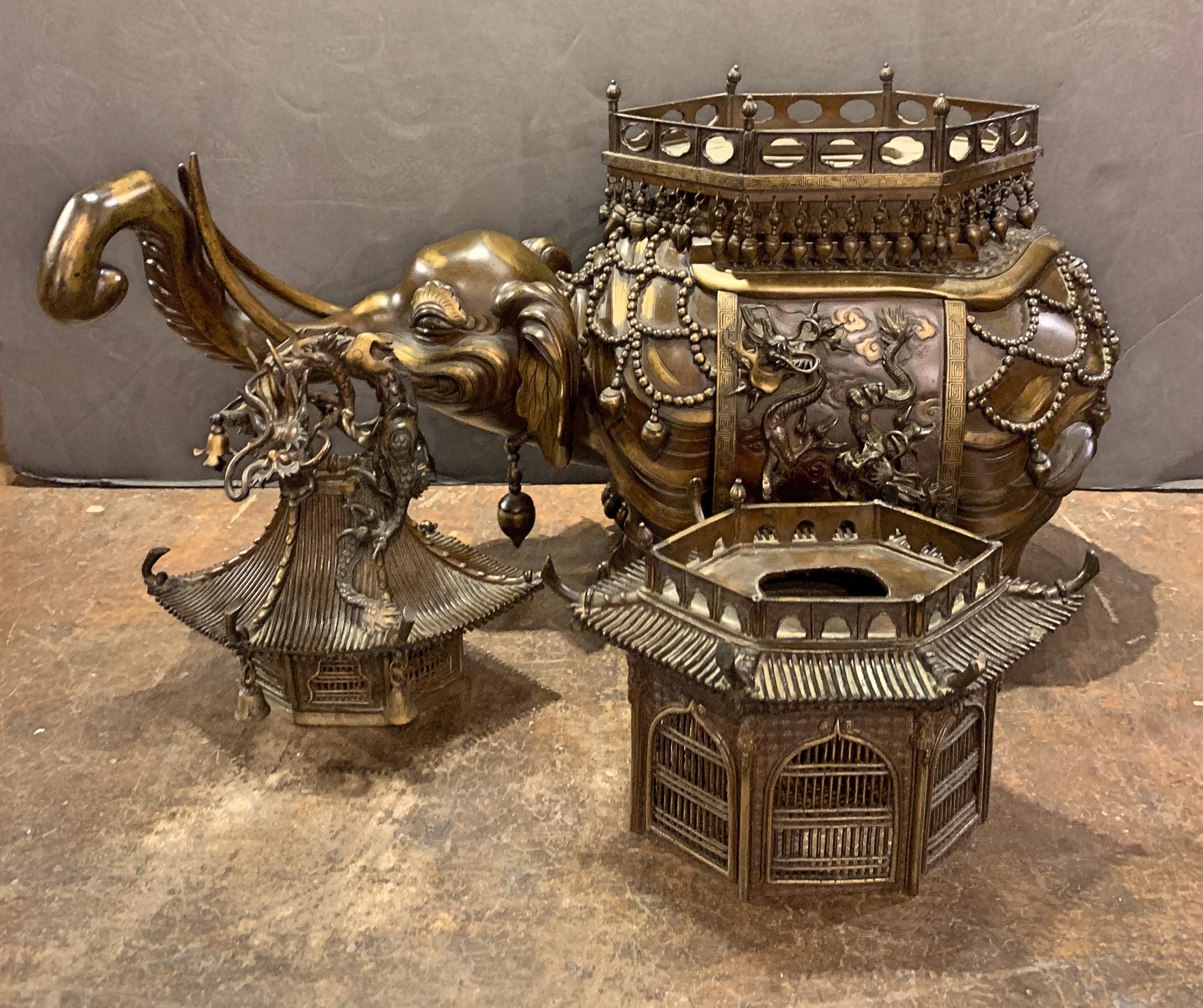 Massive Japanese Meiji Bronze Elephant and Pagoda Incense Burner In Good Condition In Austin, TX
