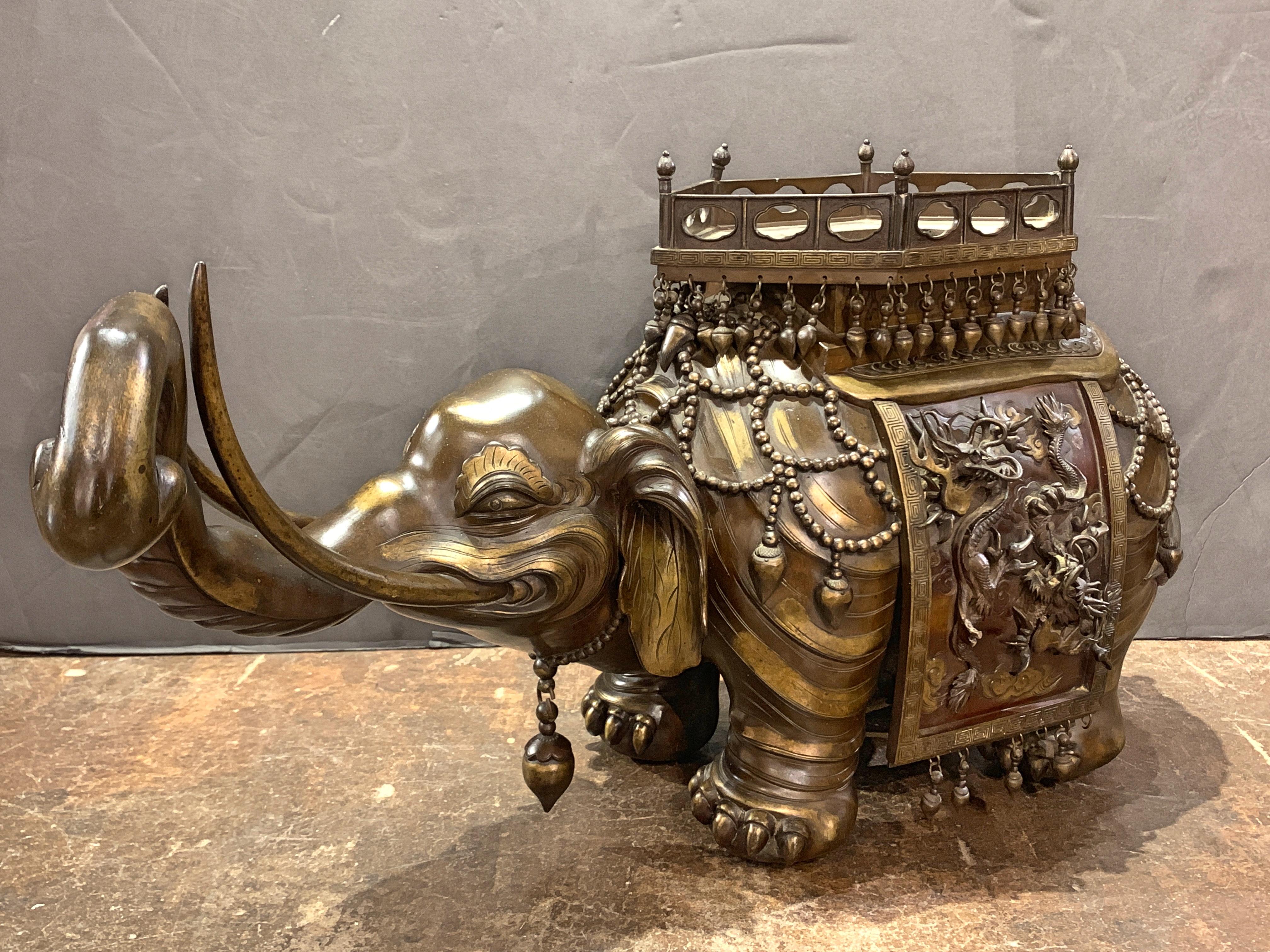 Late 19th Century Massive Japanese Meiji Bronze Elephant and Pagoda Incense Burner