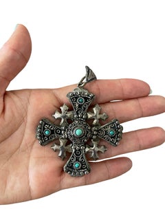 Massive Jerusalem Sterling Silver Turquoise Cross Pendant Circa 1930-1950