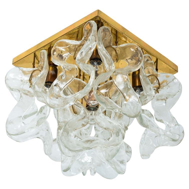 Massive J.T. Kalmar "Catena" Murano Glass Brass Flush Mount Chandelier, 1970