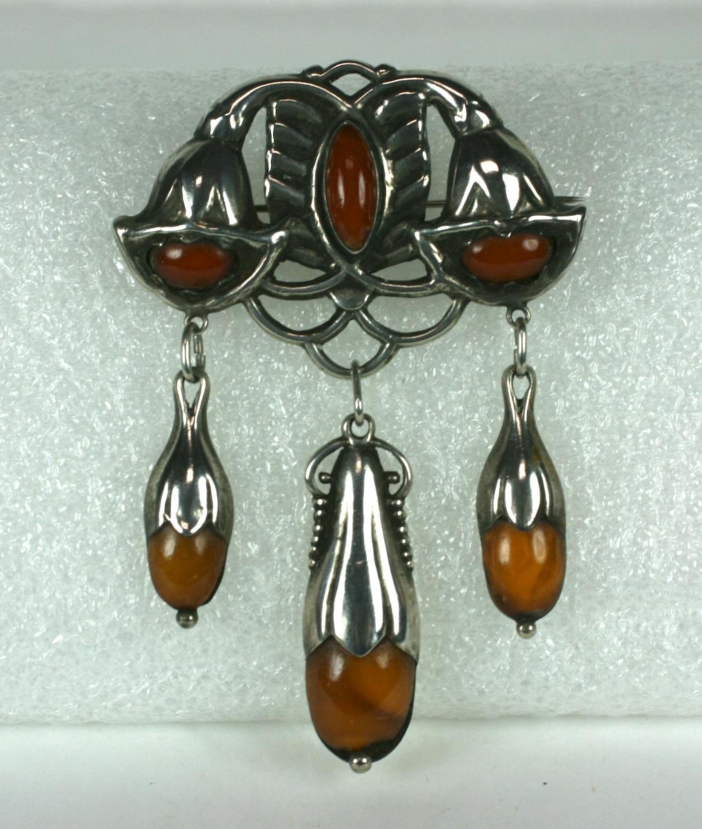 Massive Jugenstil Amber Drop Brooch from the early 20th Century. Constructed of 830 grade silver with natural amber centers and drops in a hand raised floriform brooch. Scandanavian Art Nouveau Period, Signed HF. 1920's. 2.5