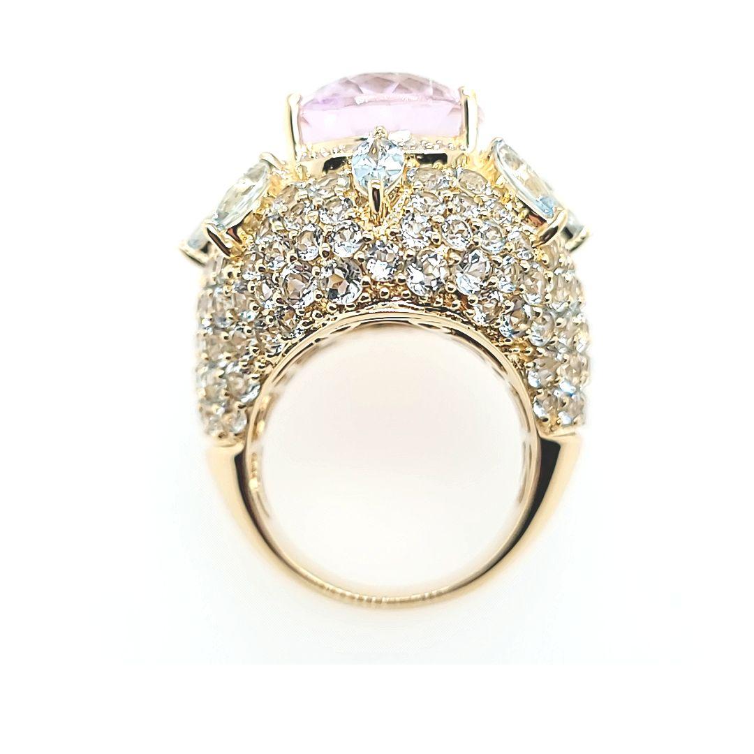 Oval Cut Massive Kunzite Cocktail Ring with Aquamarine Accents in Yellow Gold For Sale