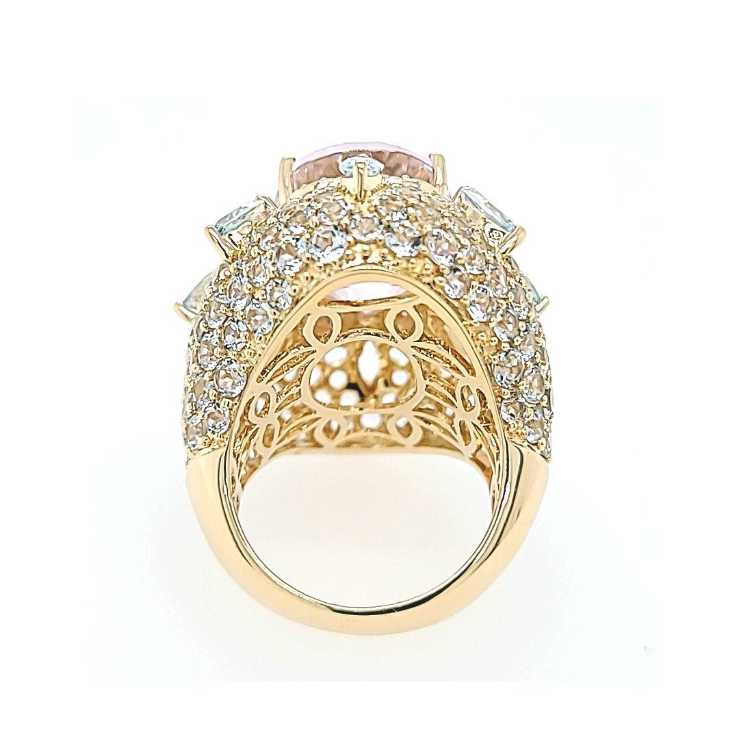 Women's Massive Kunzite Cocktail Ring with Aquamarine Accents in Yellow Gold For Sale