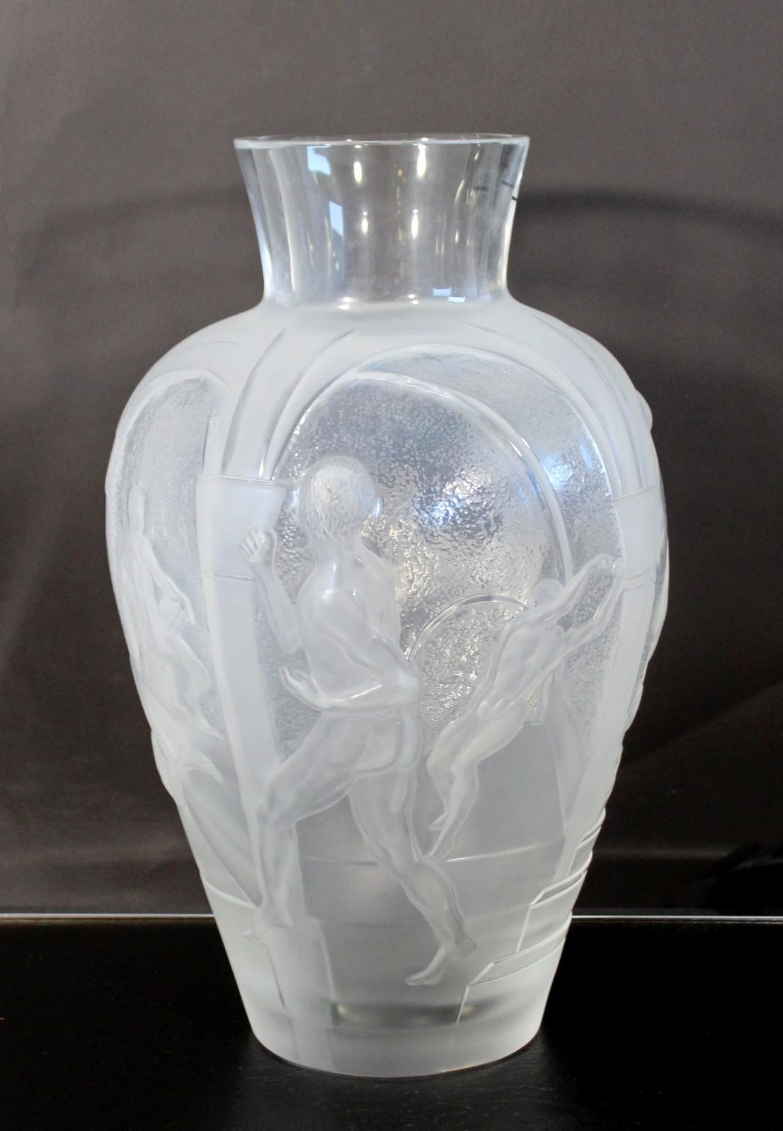 Late 20th Century Massive Lalique Paris Crystal Vase Les Eleens French Greco Roman Figures