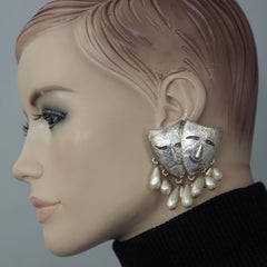Massive LANVIN PARIS Comedy Tragedy Sculptured Mask Dangling Pearls Earrings