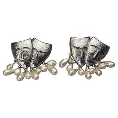 Massive LANVIN PARIS Comedy Tragedy Sculptured Mask Dangling Pearls Earrings