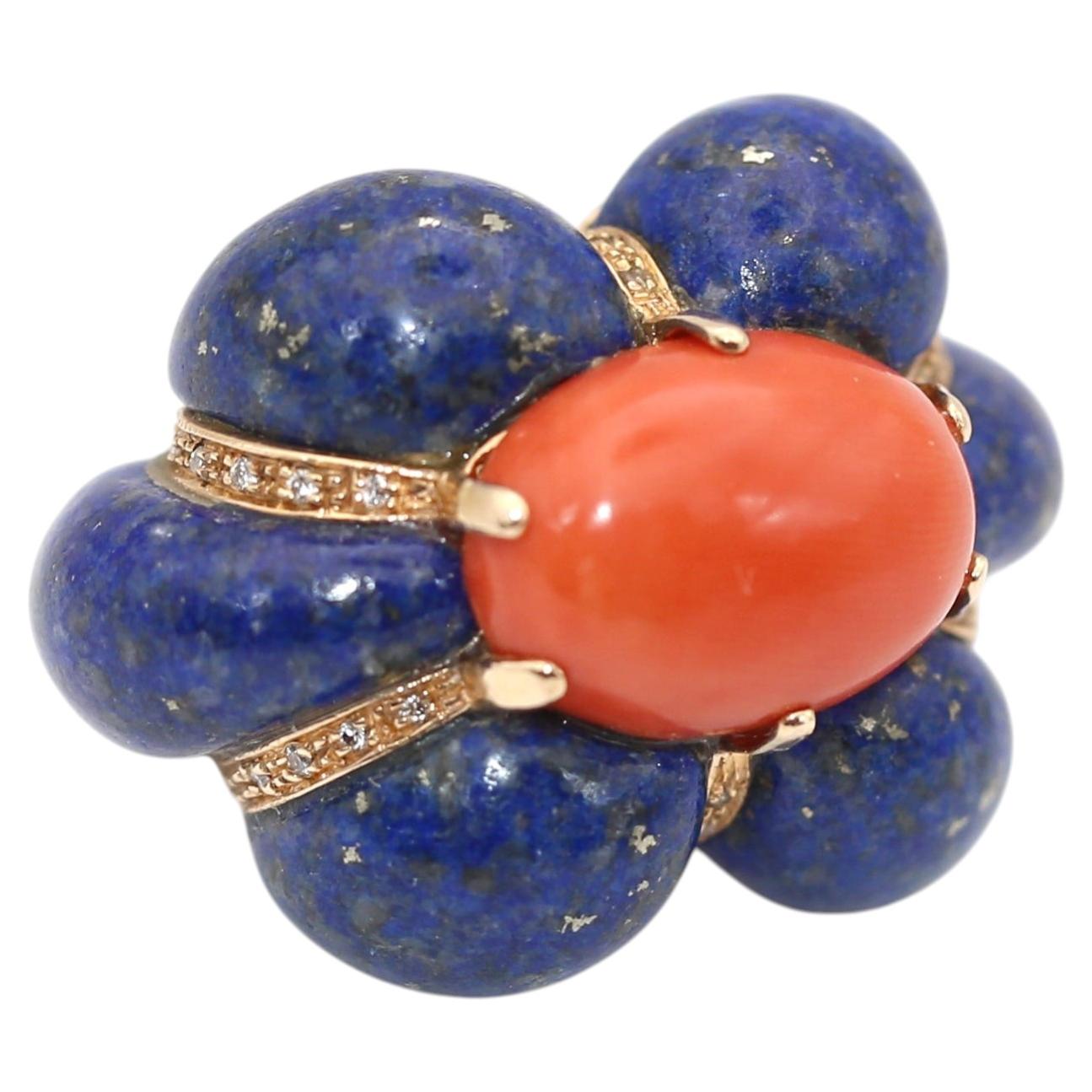 Massive Lapis Lazuli Diamond Ring in 14 Karat Yellow Gold, circa 1930