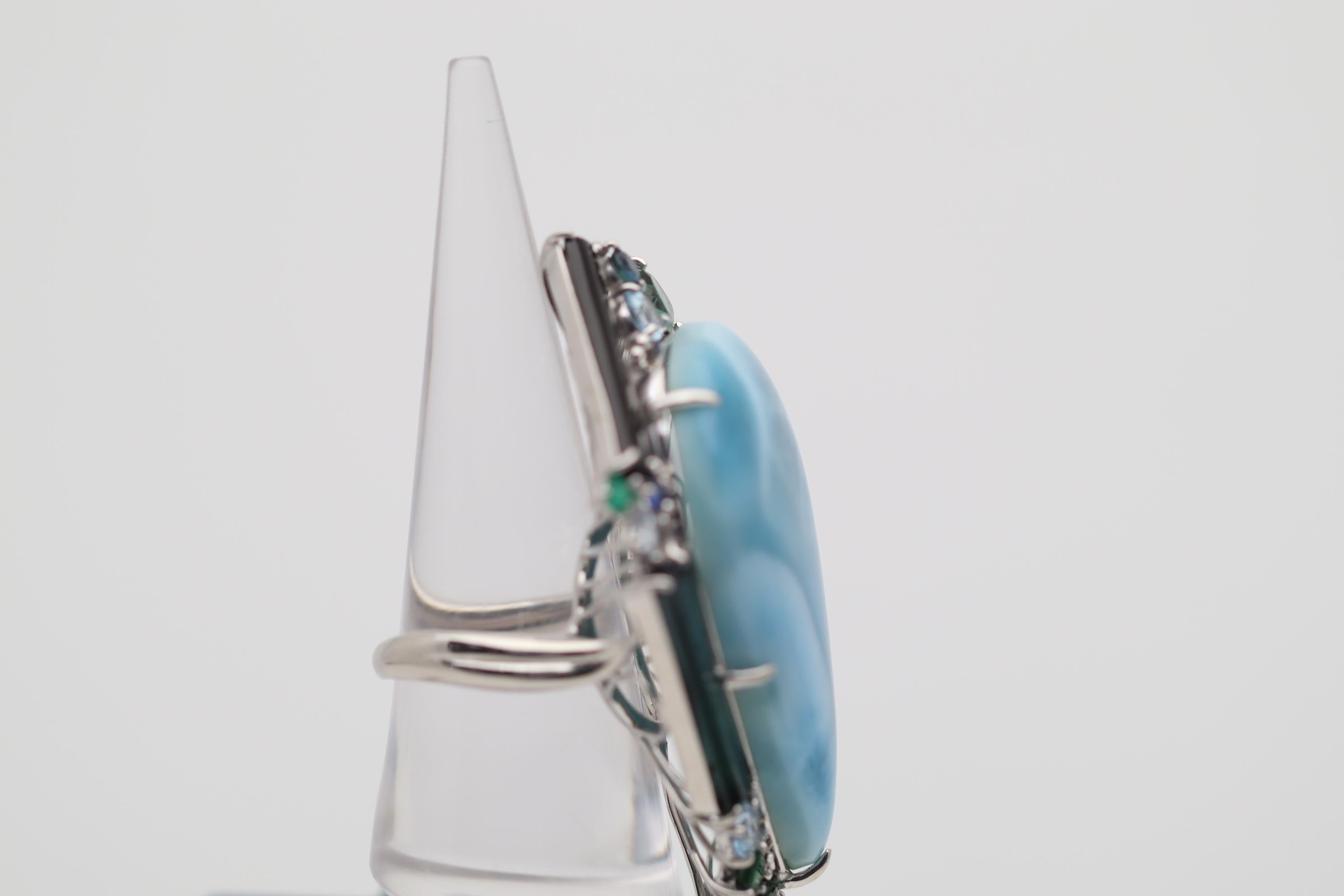 Pear Cut Massive Larimar Tourmaline Sapphire Aquamarine Emerald Platinum Cocktail Ring
