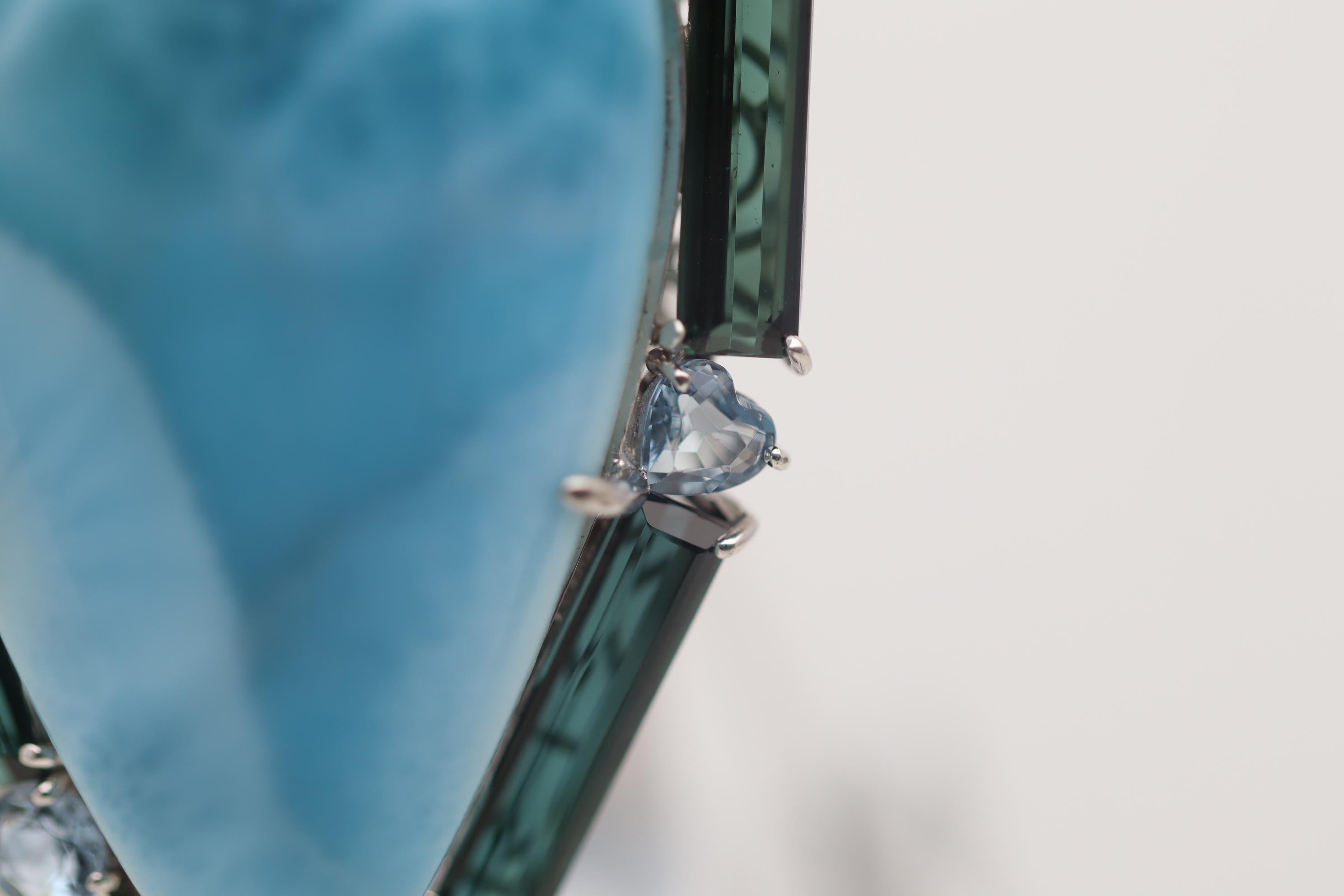Massive Larimar Tourmaline Sapphire Aquamarine Emerald Platinum Cocktail Ring In New Condition In Beverly Hills, CA