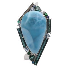 Massive Larimar Tourmaline Sapphire Aquamarine Emerald Platinum Cocktail Ring