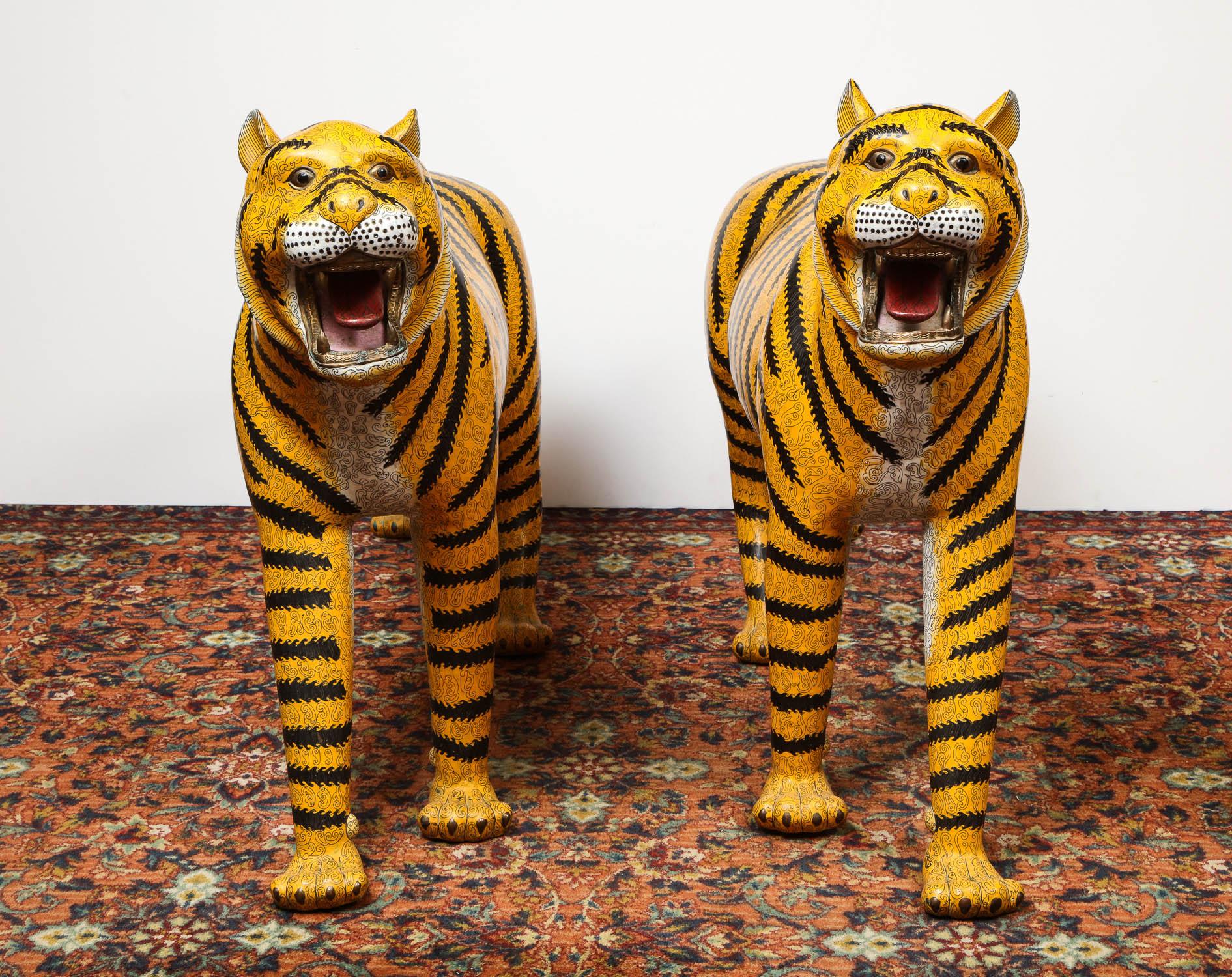 Massive Life-Size Pair of Chinese Asian Cloisonne Enamel Tigers In Good Condition In New York, NY