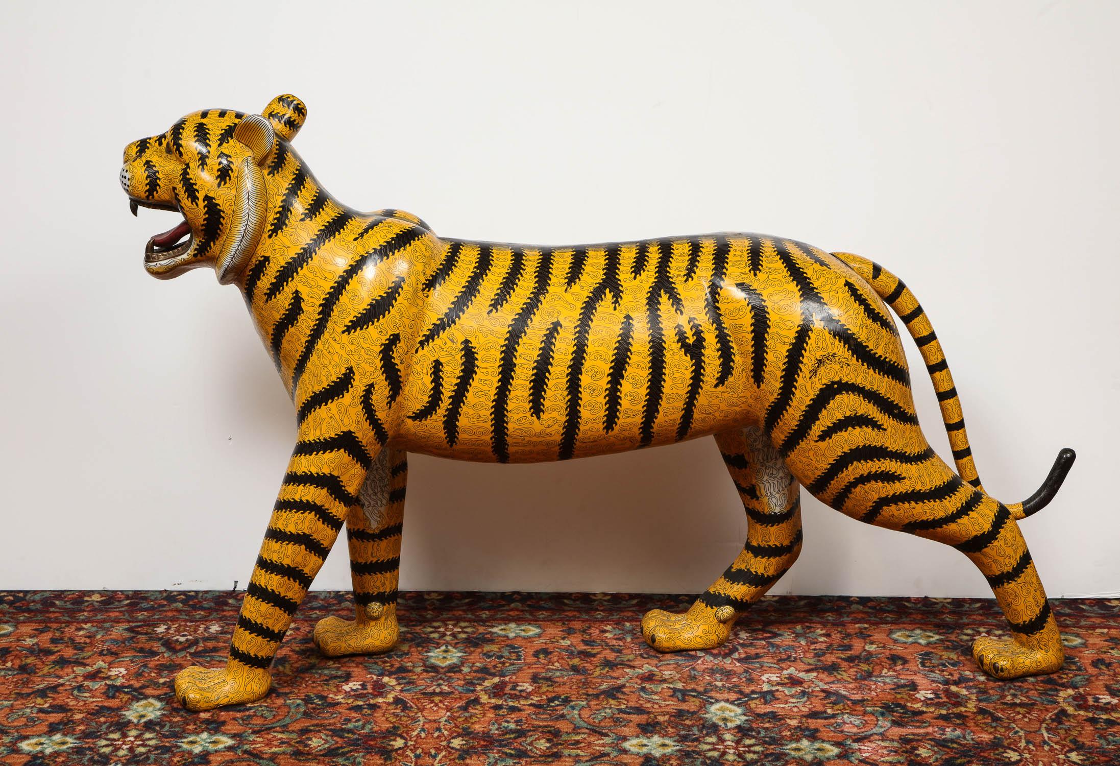 20th Century Massive Life-Size Pair of Chinese Asian Cloisonne Enamel Tigers