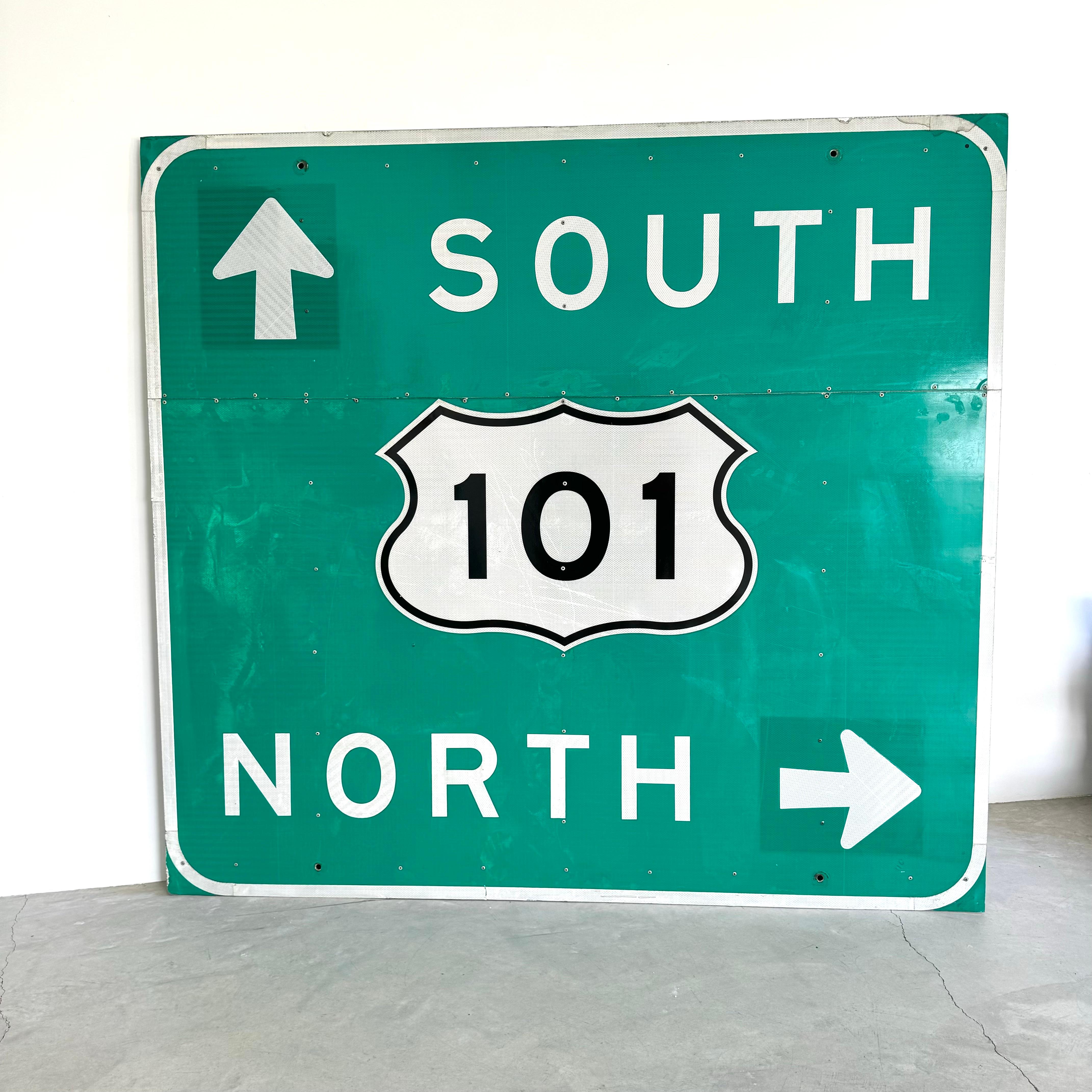 Cool Los Angeles freeway sign retired from the 101 freeway. Unique in that has both the 101 North and South on the same sign. Massive 101 crest in the middle. Made in the late 1990s. The 101 freeway takes you north/ south along the entire west coast
