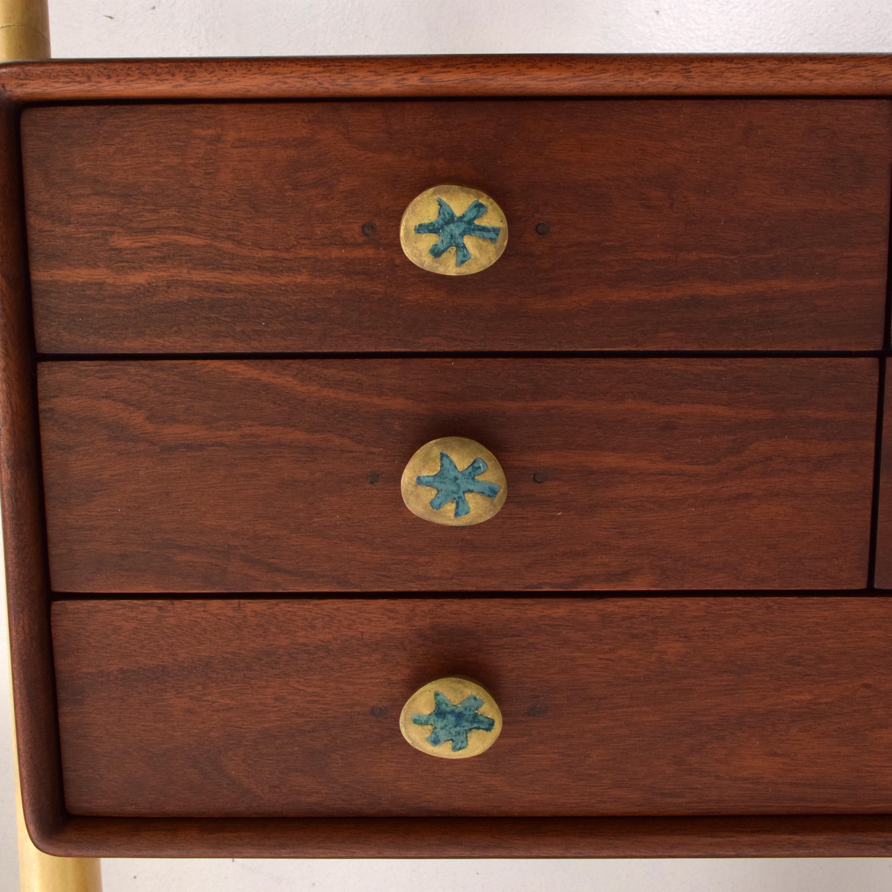 Mexican Exceptional Mahogany Wall Unit Gorgeous Goatskin Malachite & Brass, Mexico 1950s