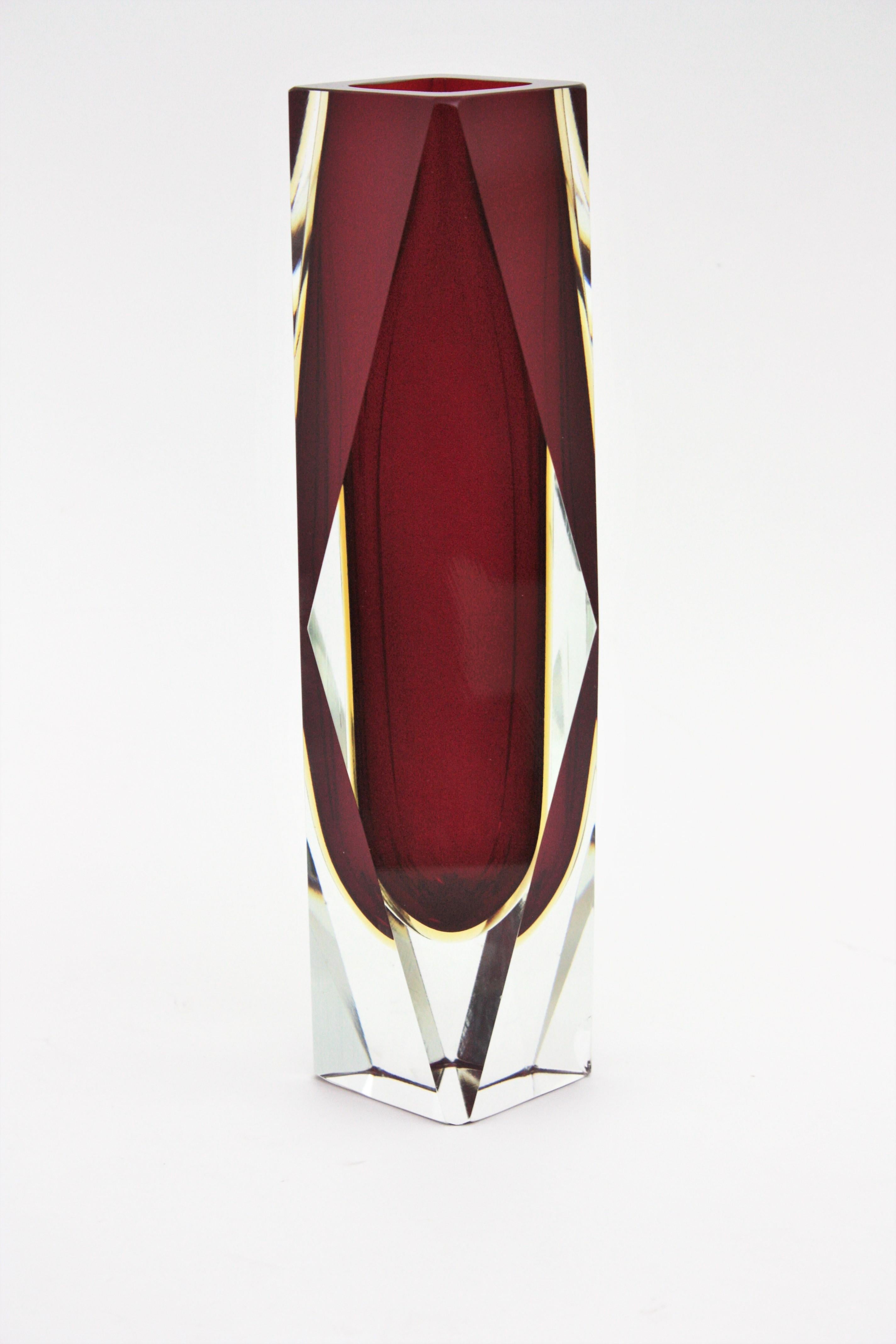 Massive Mandruzzato Murano Faceted Sommerso Red and Yellow Art Glass Vase For Sale 1