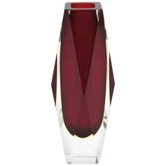 Massive Mandruzzato Murano Faceted Sommerso Red and Yellow Art Glass Vase