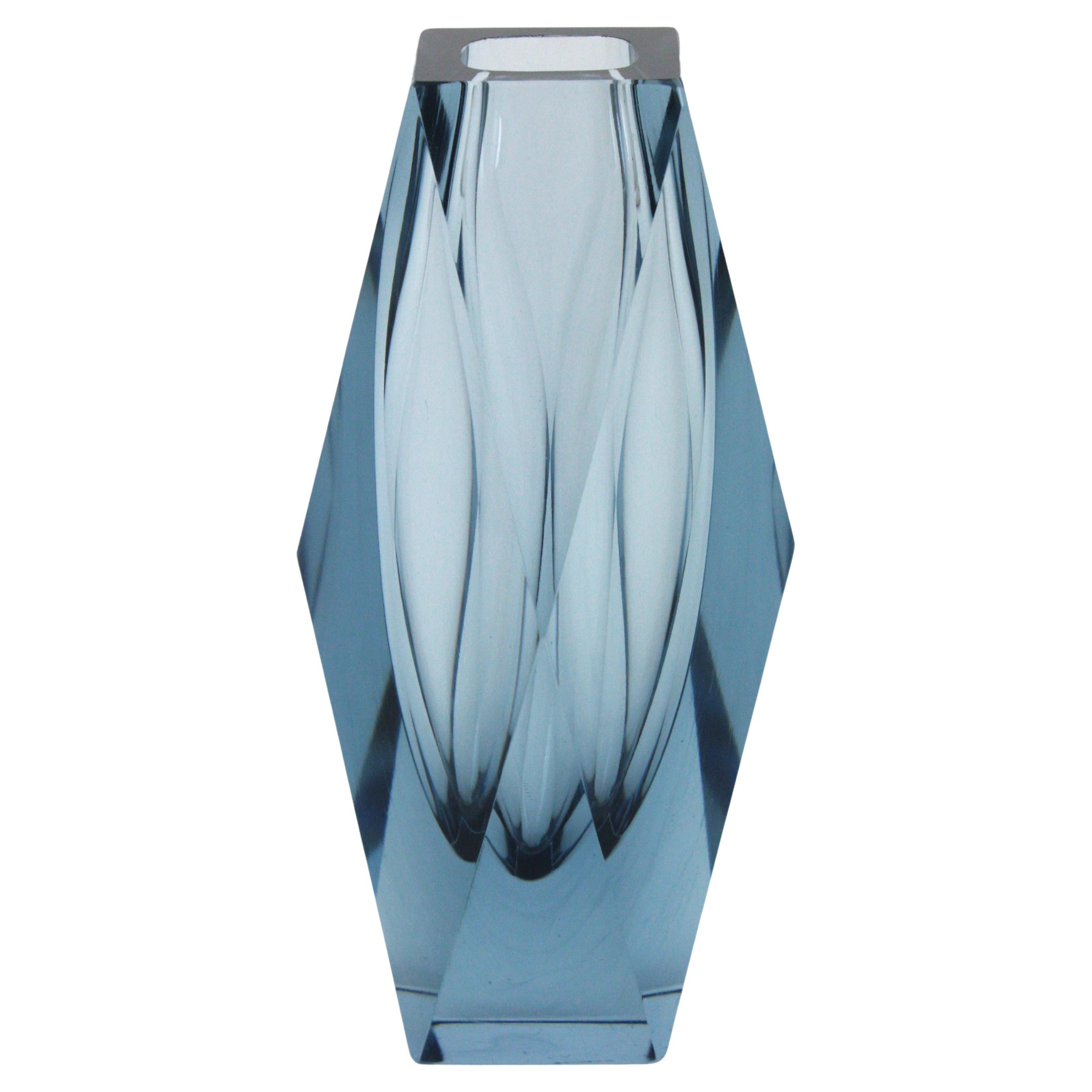 Massive Mandruzzato Murano Sommerso Blue Gray Faceted Art Glass Vase, Italy 60s