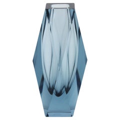 Massive Mandruzzato Murano Sommerso Blue Gray Faceted Art Glass Vase, Italy 60s