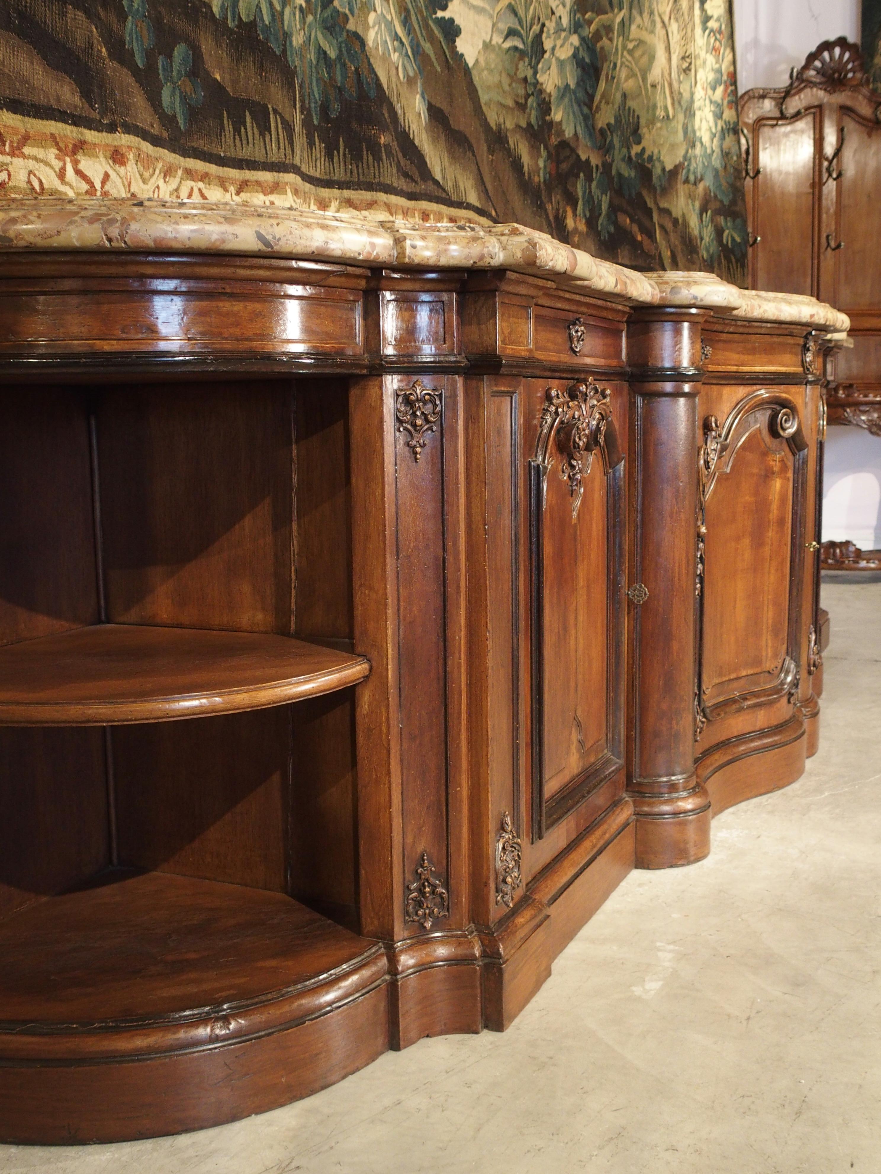 Massive Marble Topped Walnut Wood Louis XV Style Chateau Buffet In Good Condition In Dallas, TX
