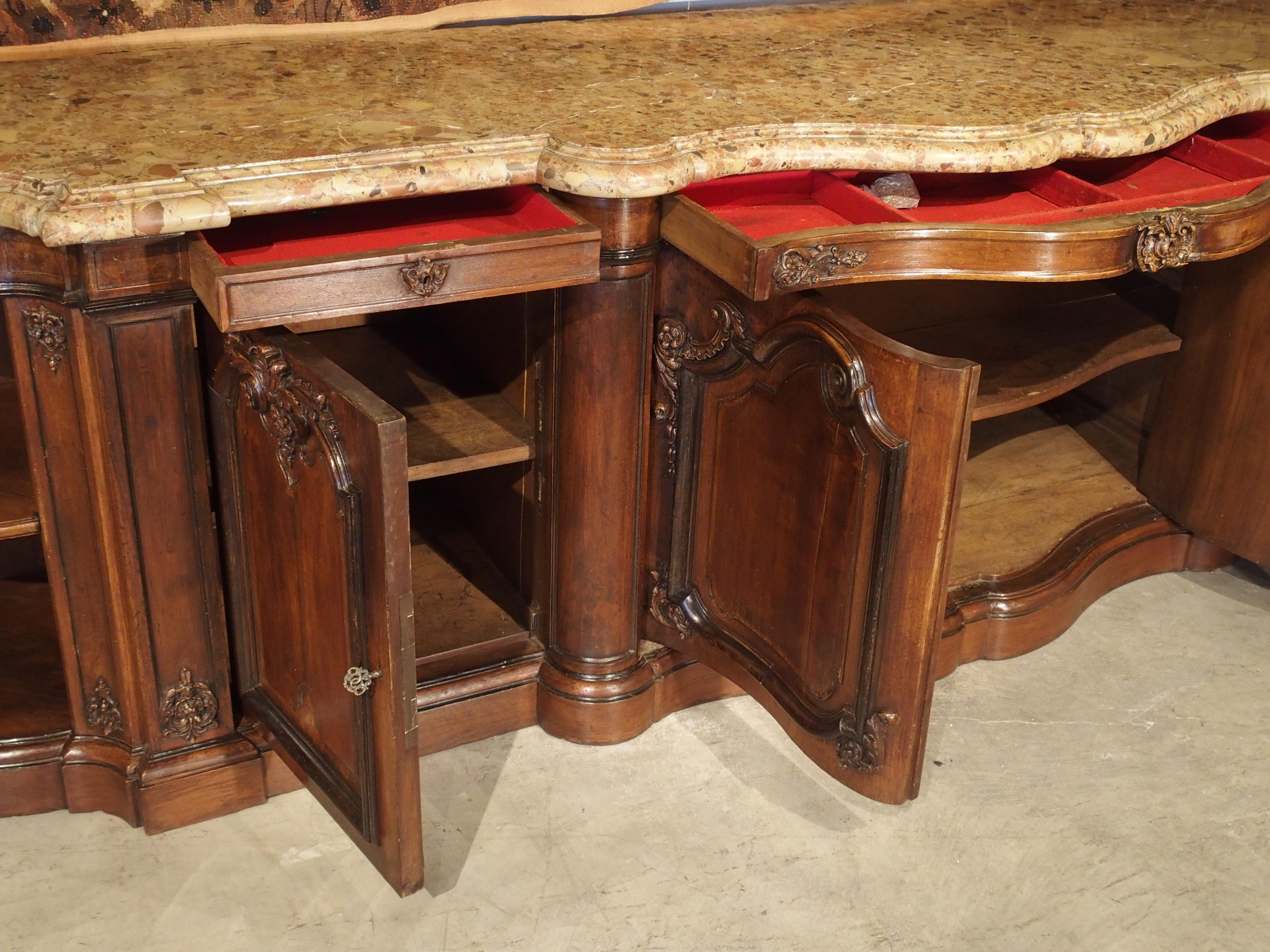 18th Century and Earlier Massive Marble Topped Walnut Wood Louis XV Style Chateau Buffet
