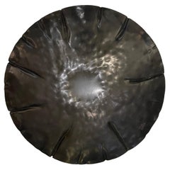Massive Matte Black Brutalist Hammered Metal Noir Lily Pad Centerpiece Bowl 18"