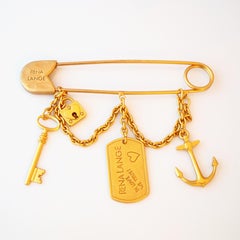 Massive Matte Gold Safety Pin Charm Brooch By Rena Lange, 1990s