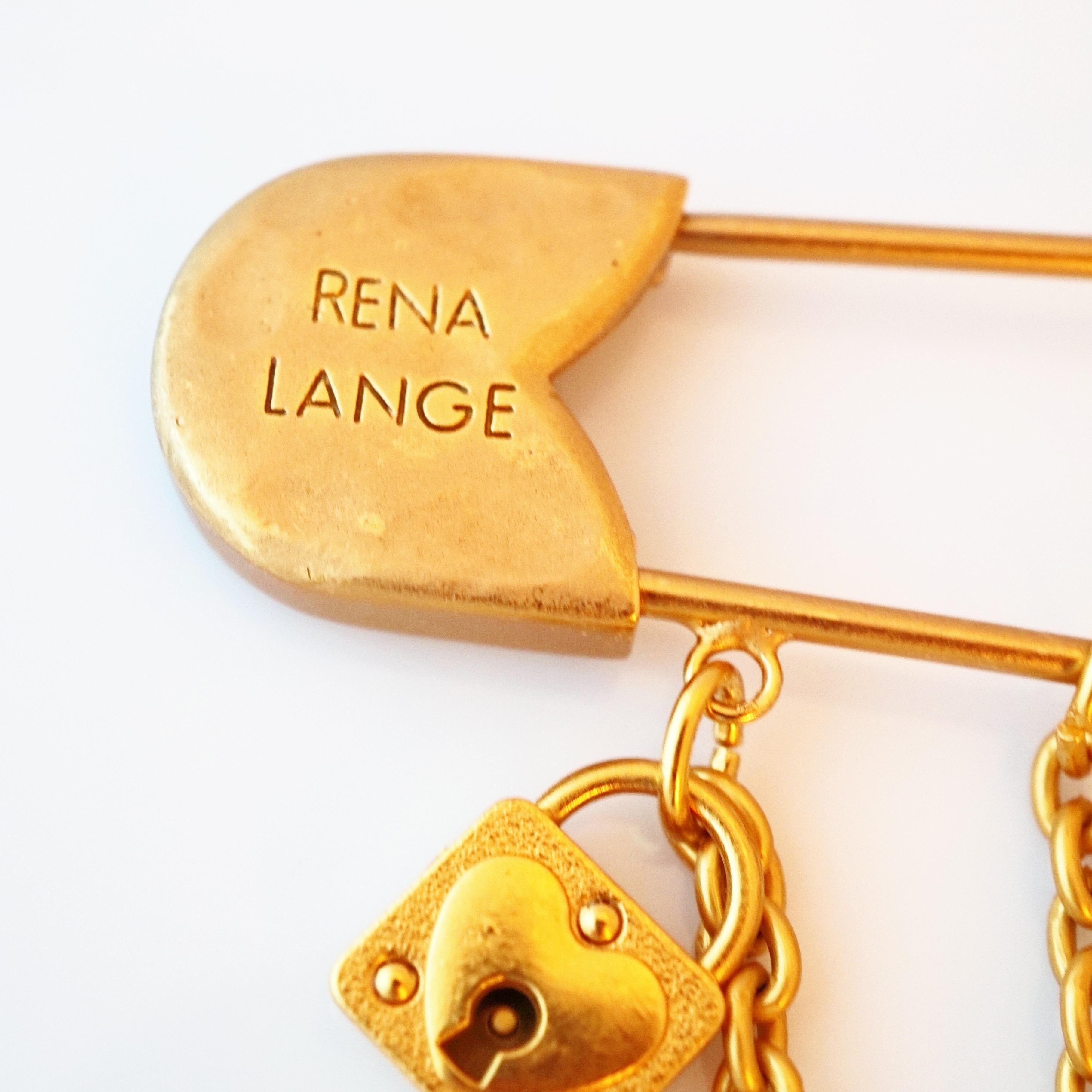 Massive Matte Gold Safety Pin Charm Brooch By Rena Lange, 1990s For Sale 1