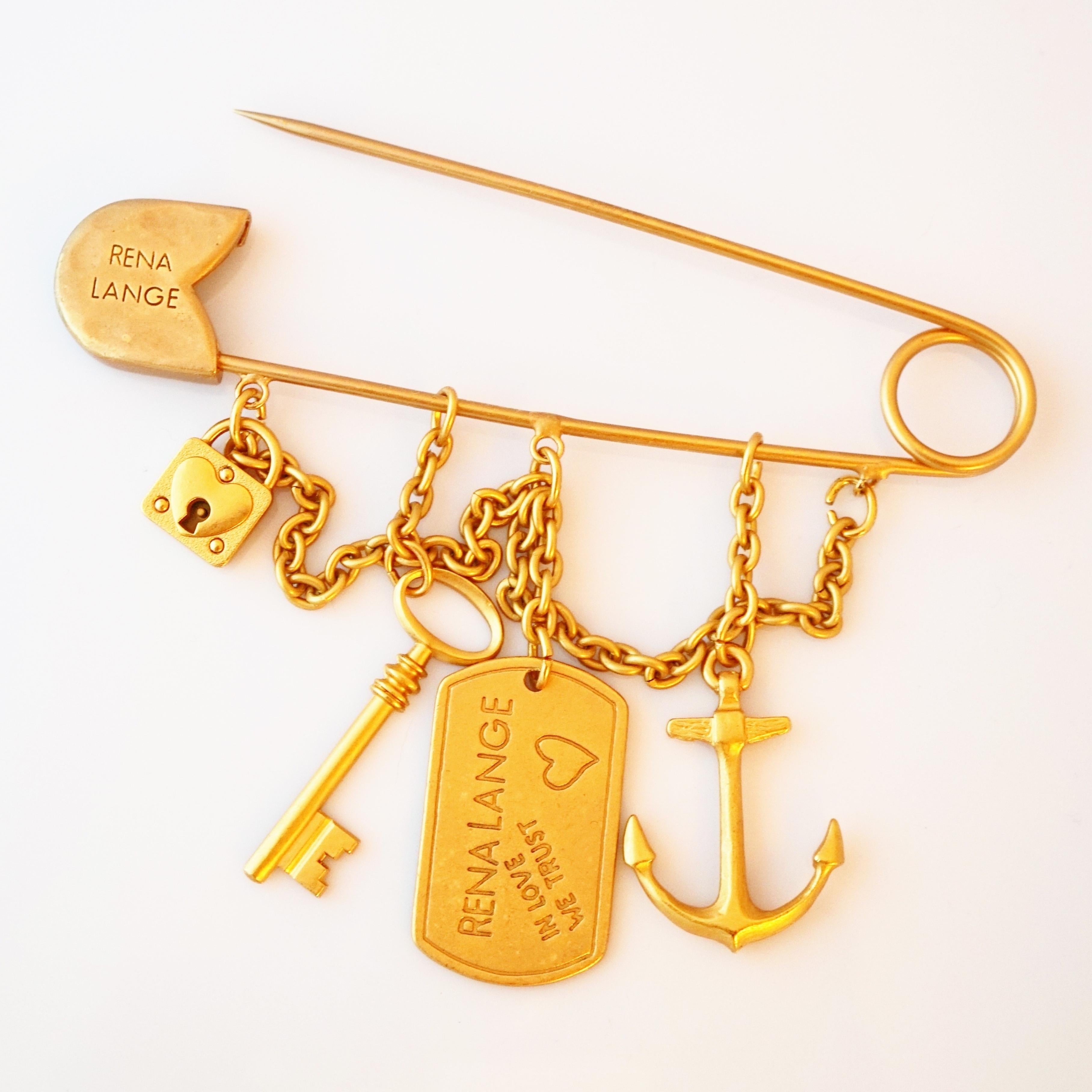 Massive Matte Gold Safety Pin Charm Brooch By Rena Lange, 1990s For Sale 2
