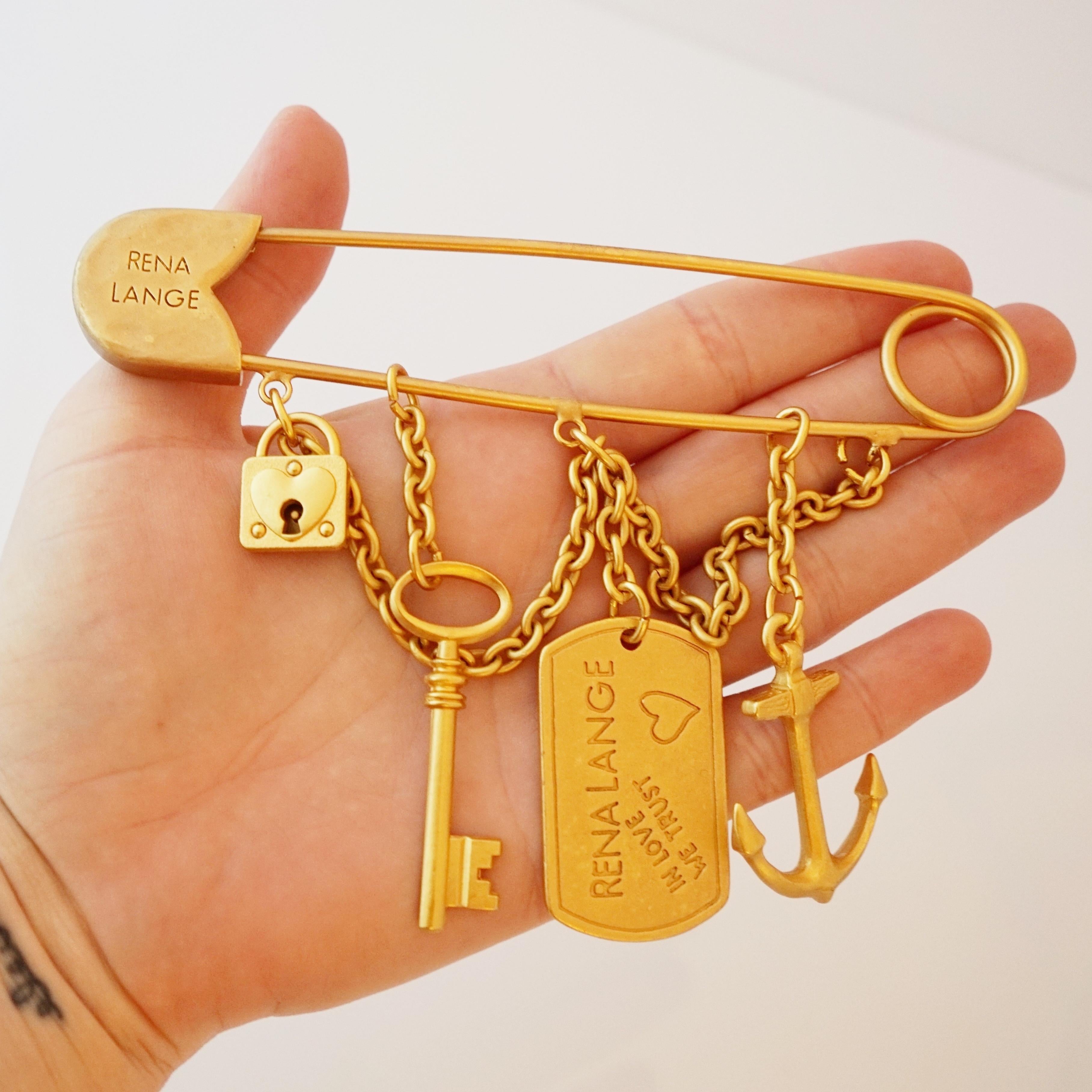 Massive Matte Gold Safety Pin Charm Brooch By Rena Lange, 1990s For Sale 3