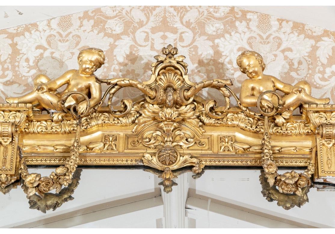 Massive Mid 19th C. Carved and Gilt Mantle Mirror with Putti Crest For Sale 7