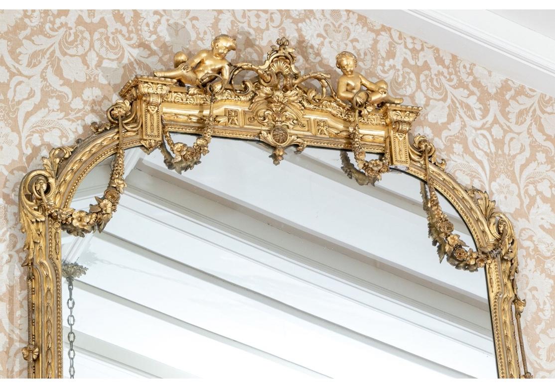 Massive Mid 19th C. Carved and Gilt Mantle Mirror with Putti Crest For Sale 8