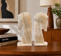 Massive Mid-Century Carved White Onyx Horse Head Bookends, Mexico, circa 1970