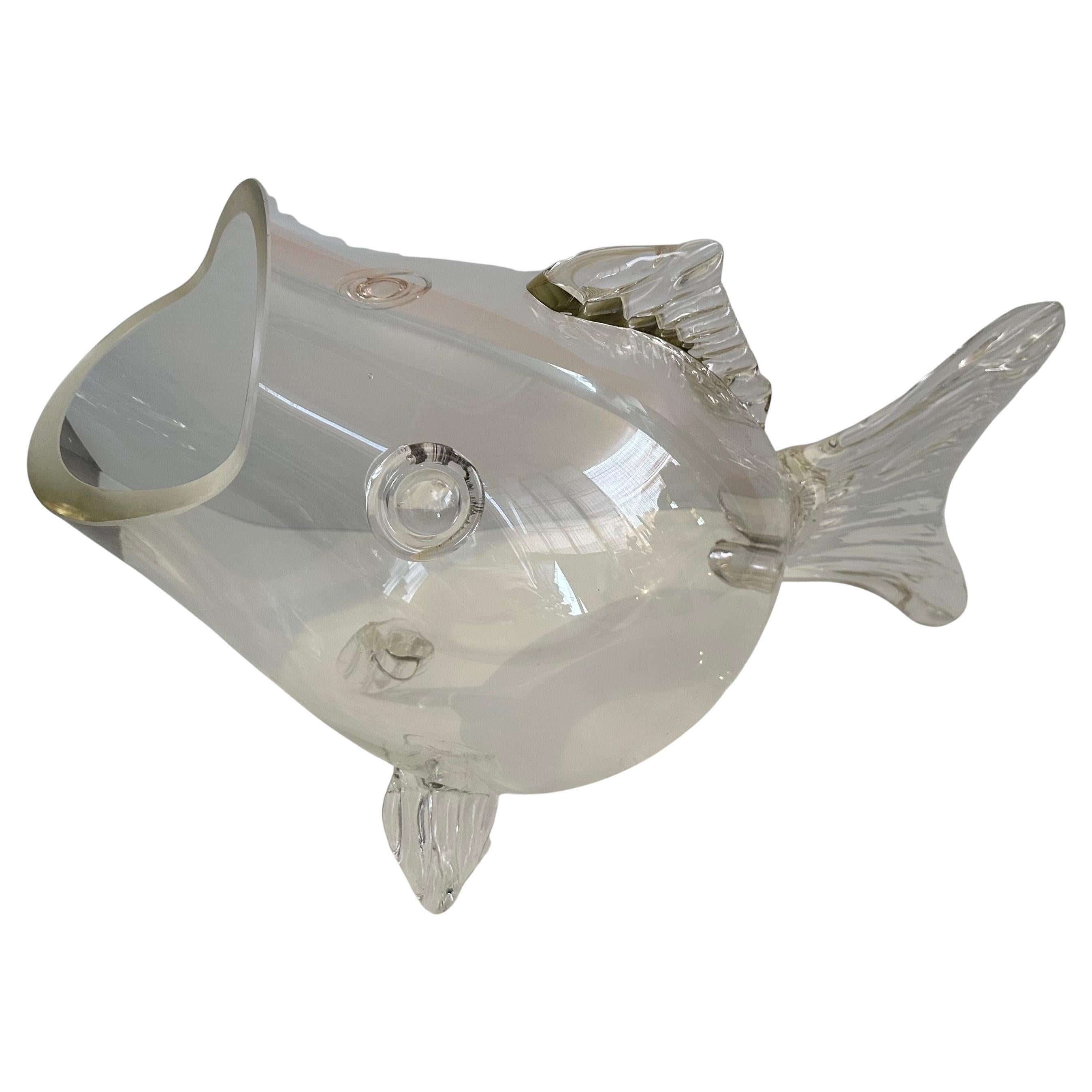 Massive mid-century hand-blown clear glass fish vase in the style of Blenko Glass, circa 1970s.  The vase is in very good vintage condition with no chips or cracks and measures a substantial 22
