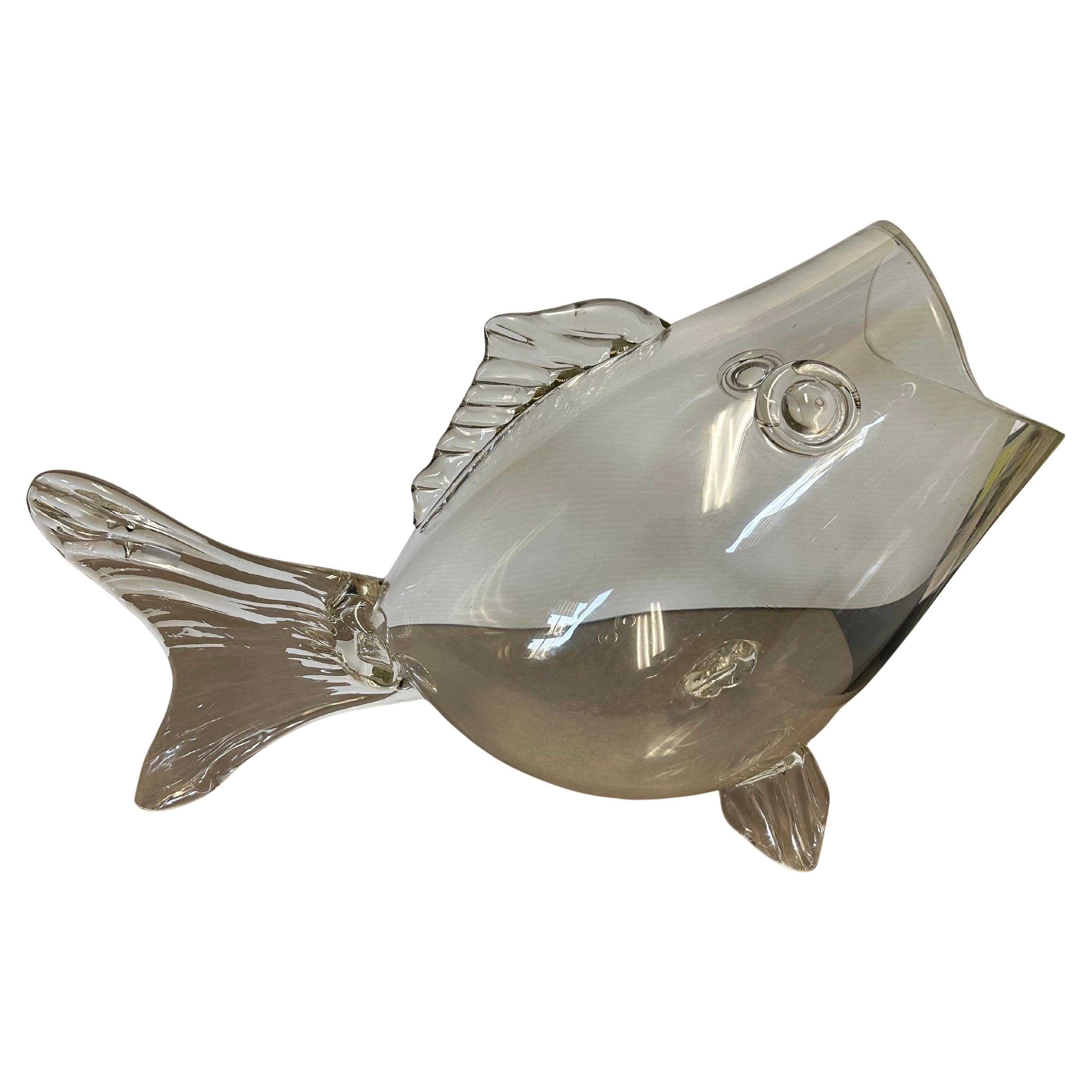 Massive Mid-Century Hand-Blown Glass Fish Vase in the Style of Blenko Glass