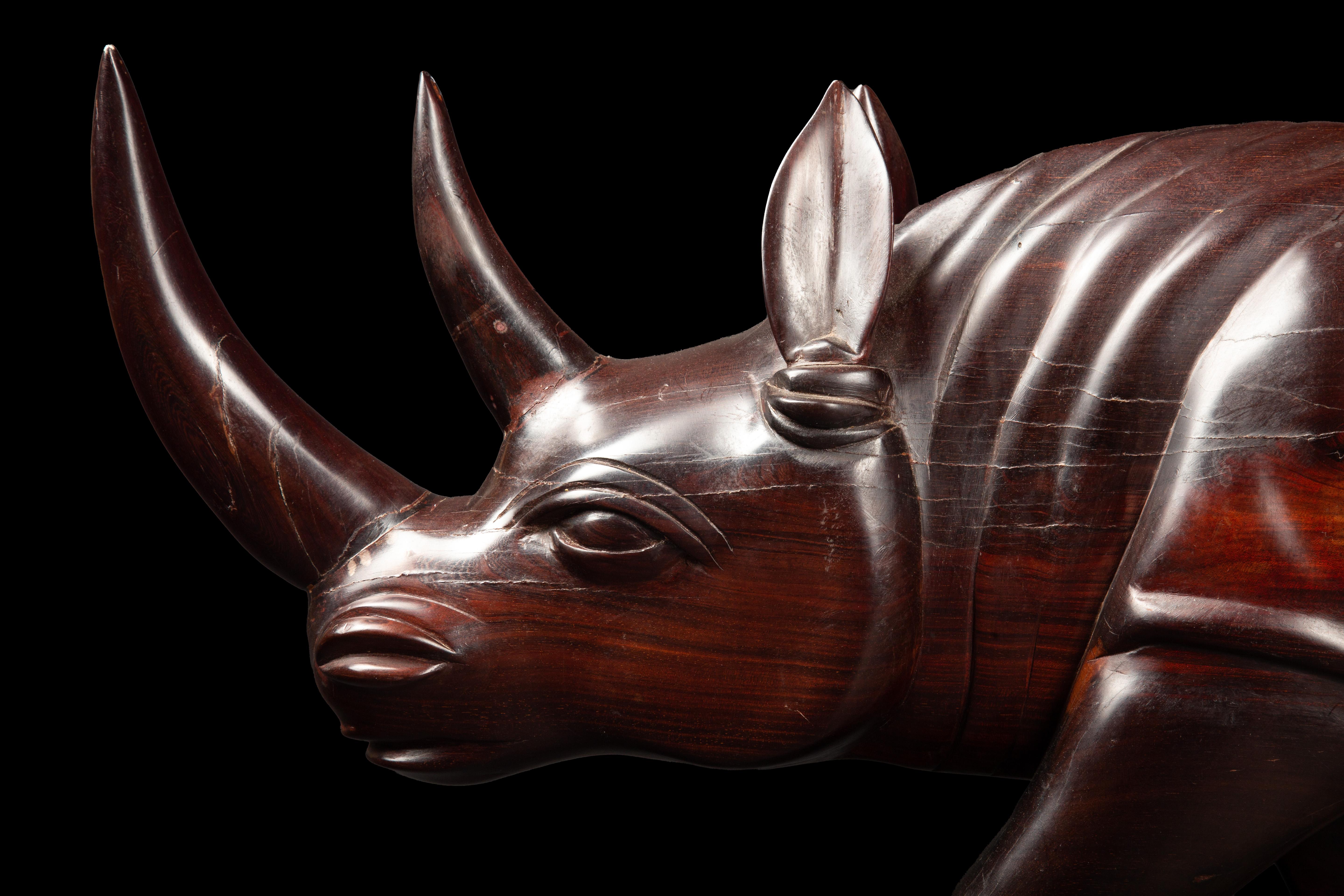 Hand-Carved Massive Mid-Century Hand Carved Ebony Rhinoceros 30