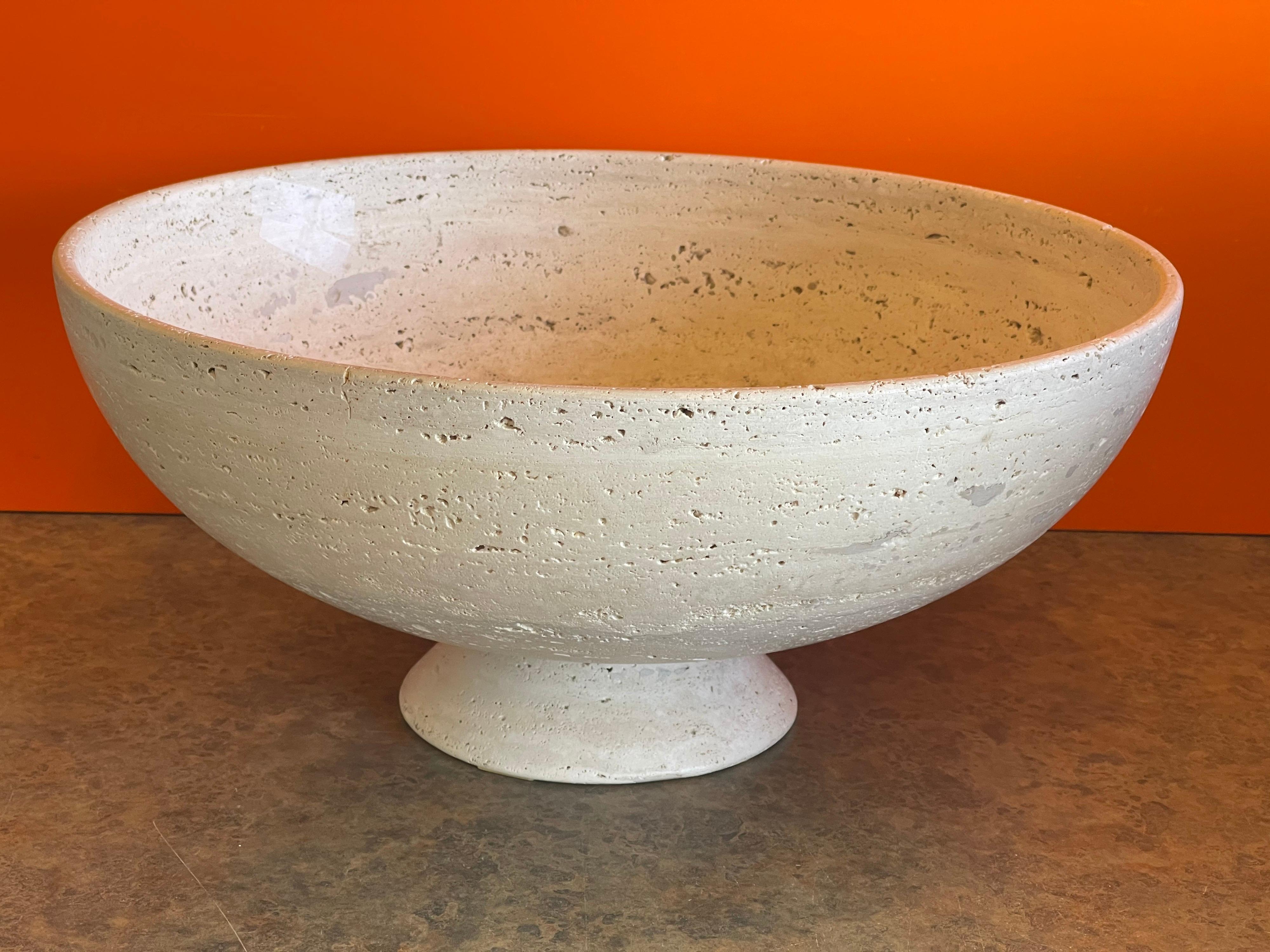 Massive midcentury Italian travertine pedestal fruit bowl / centerpiece, circa 1970s. The bowl is in very good vintage condition and is 17.75