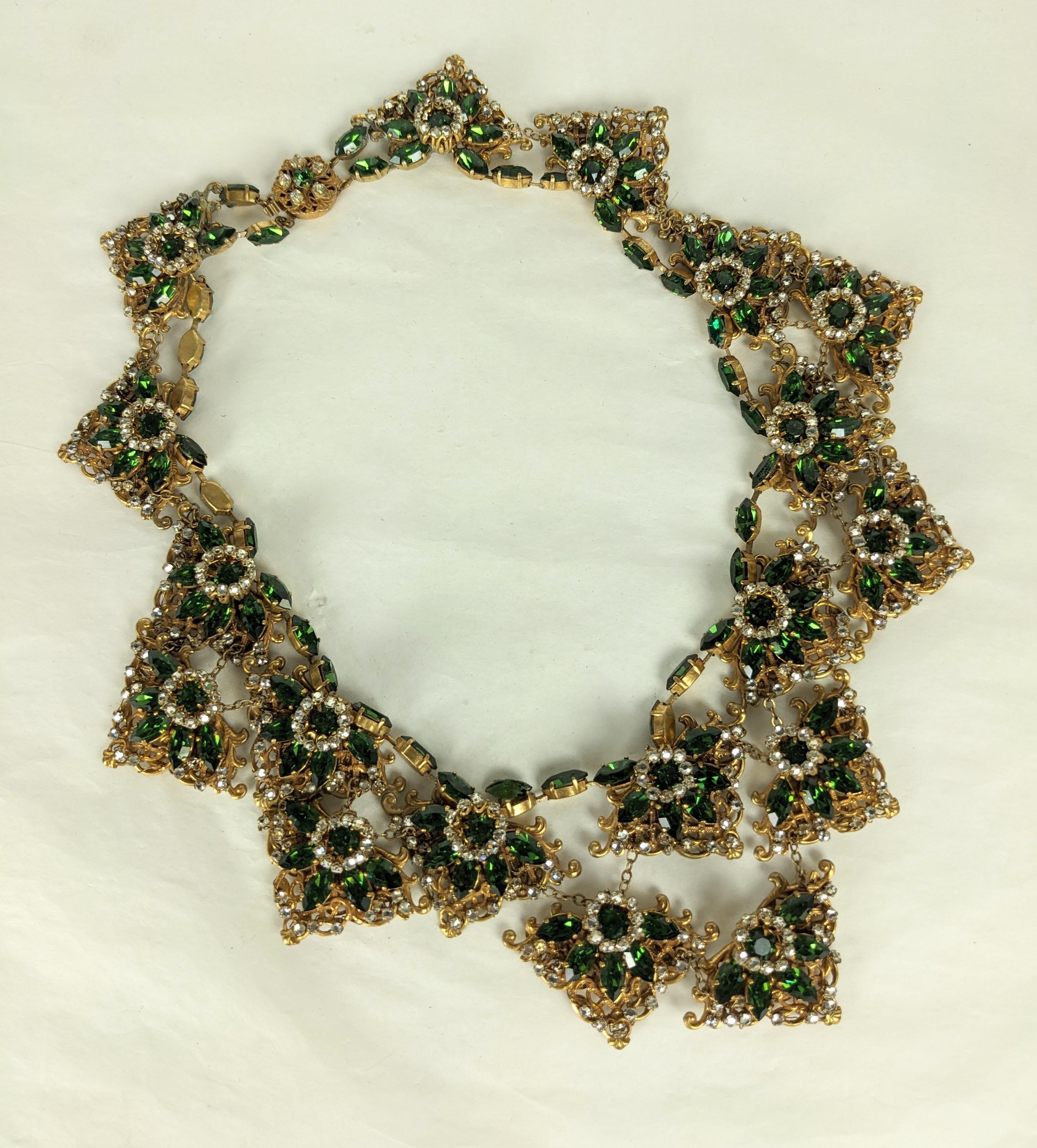Massive Miriam Haskell Bib of Olivine and Crystal Rose Montees In Excellent Condition For Sale In New York, NY