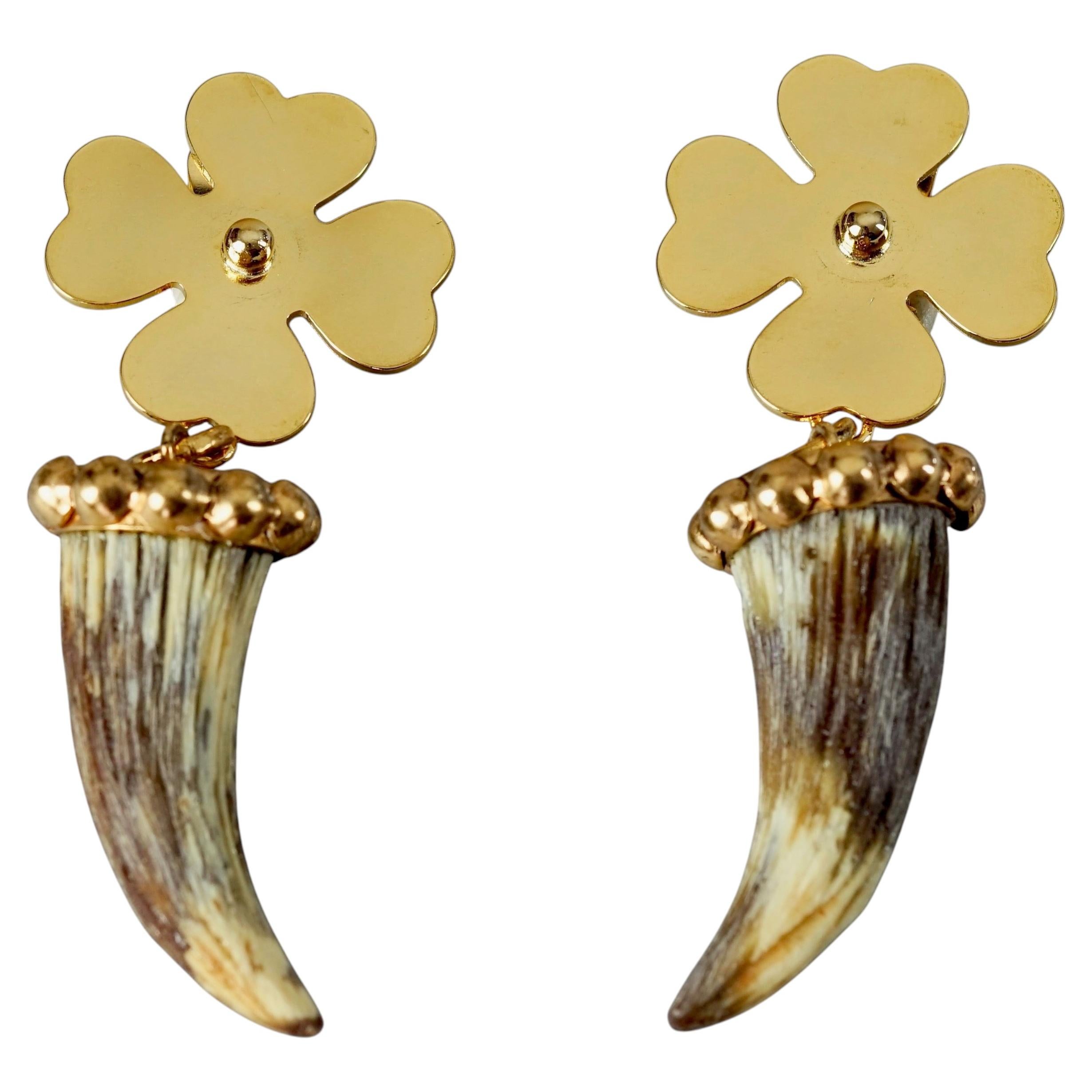 Massive MOSCHINO Lucky Four Leaf Clover and Resin Horn Novelty Dangling Earrings For Sale